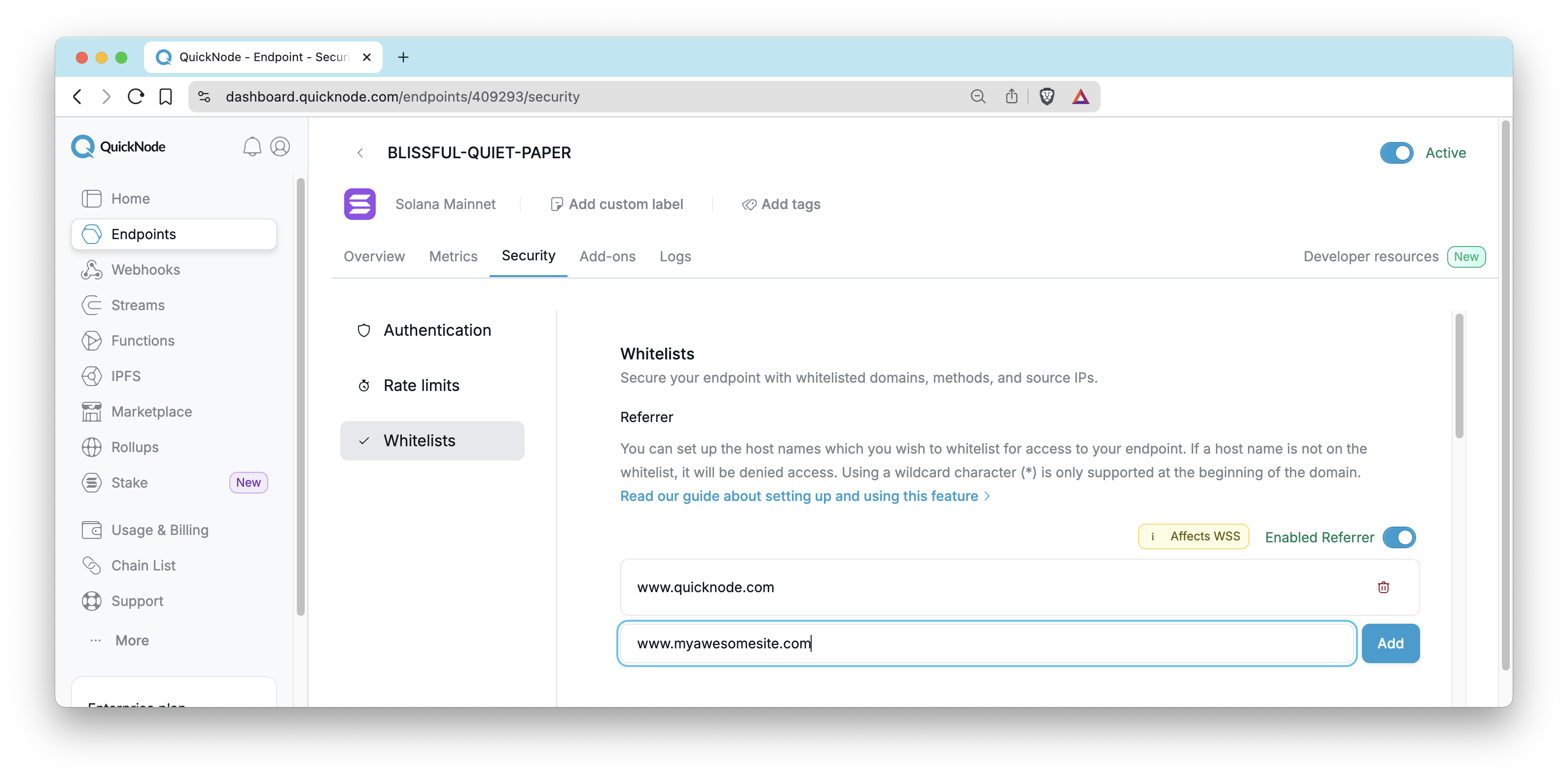 QuickNode Dashboard - Domain Whitelisting
