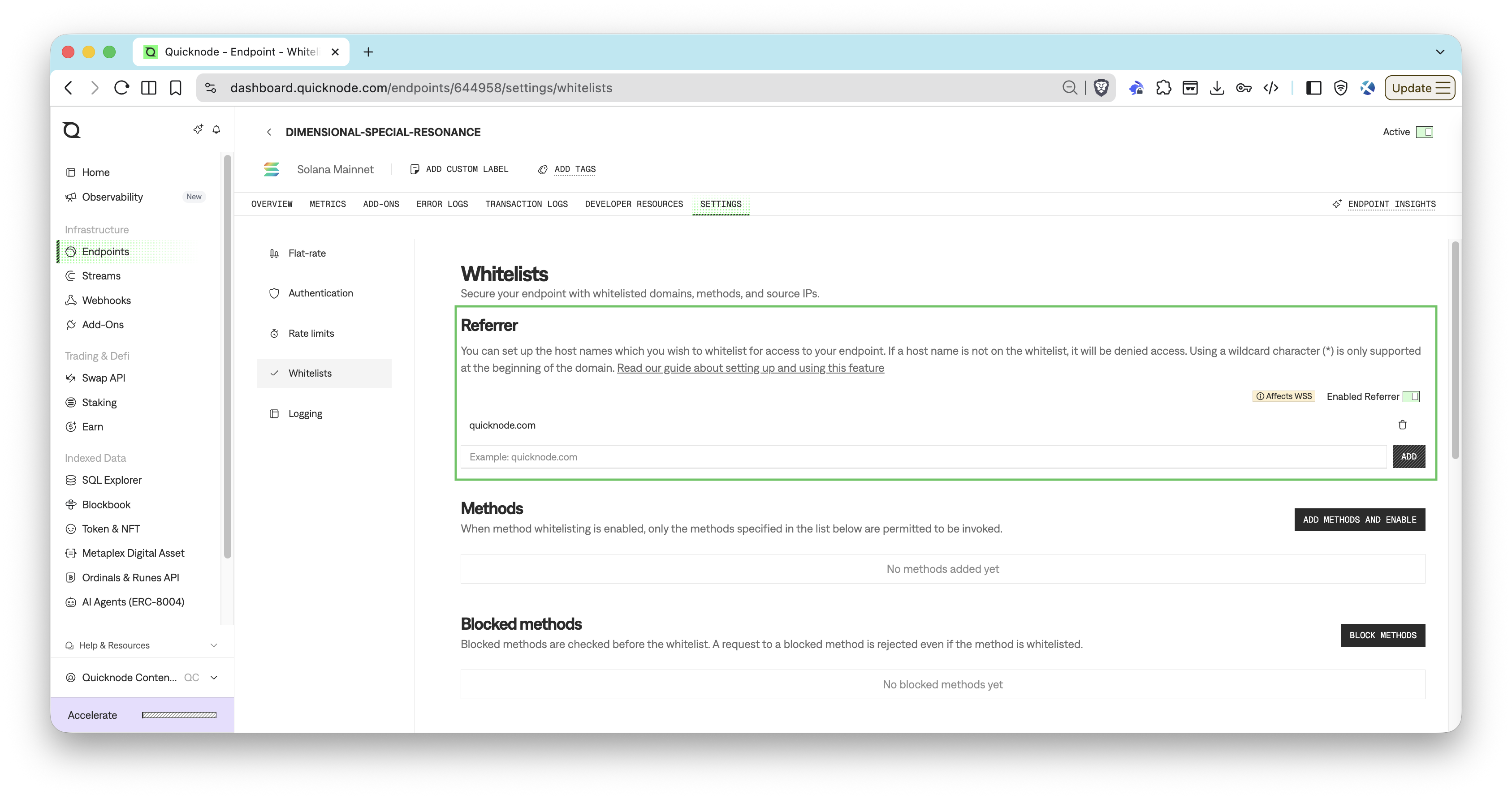 Quicknode Dashboard - Domain Whitelisting