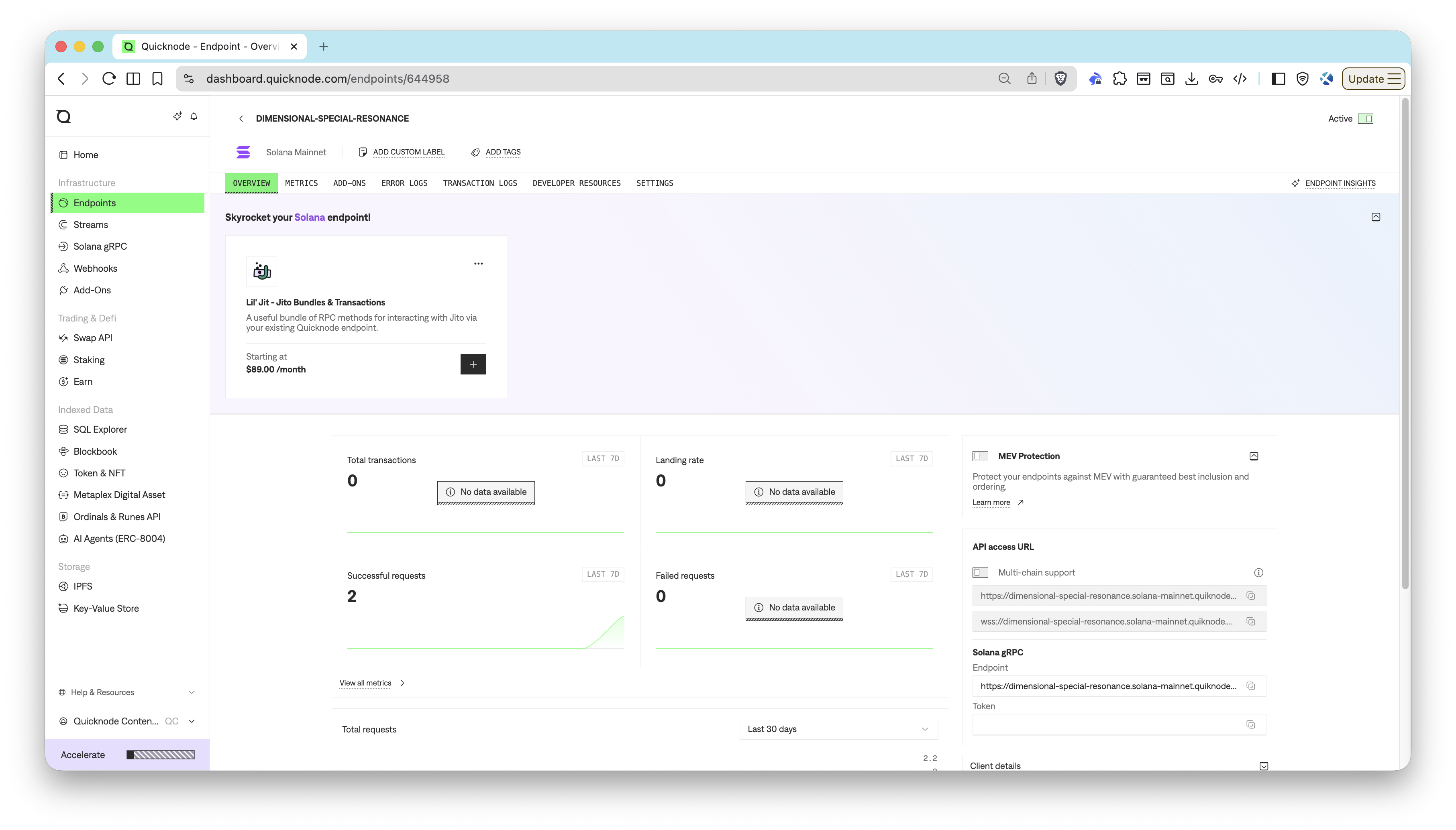 Quicknode endpoint Overview tab