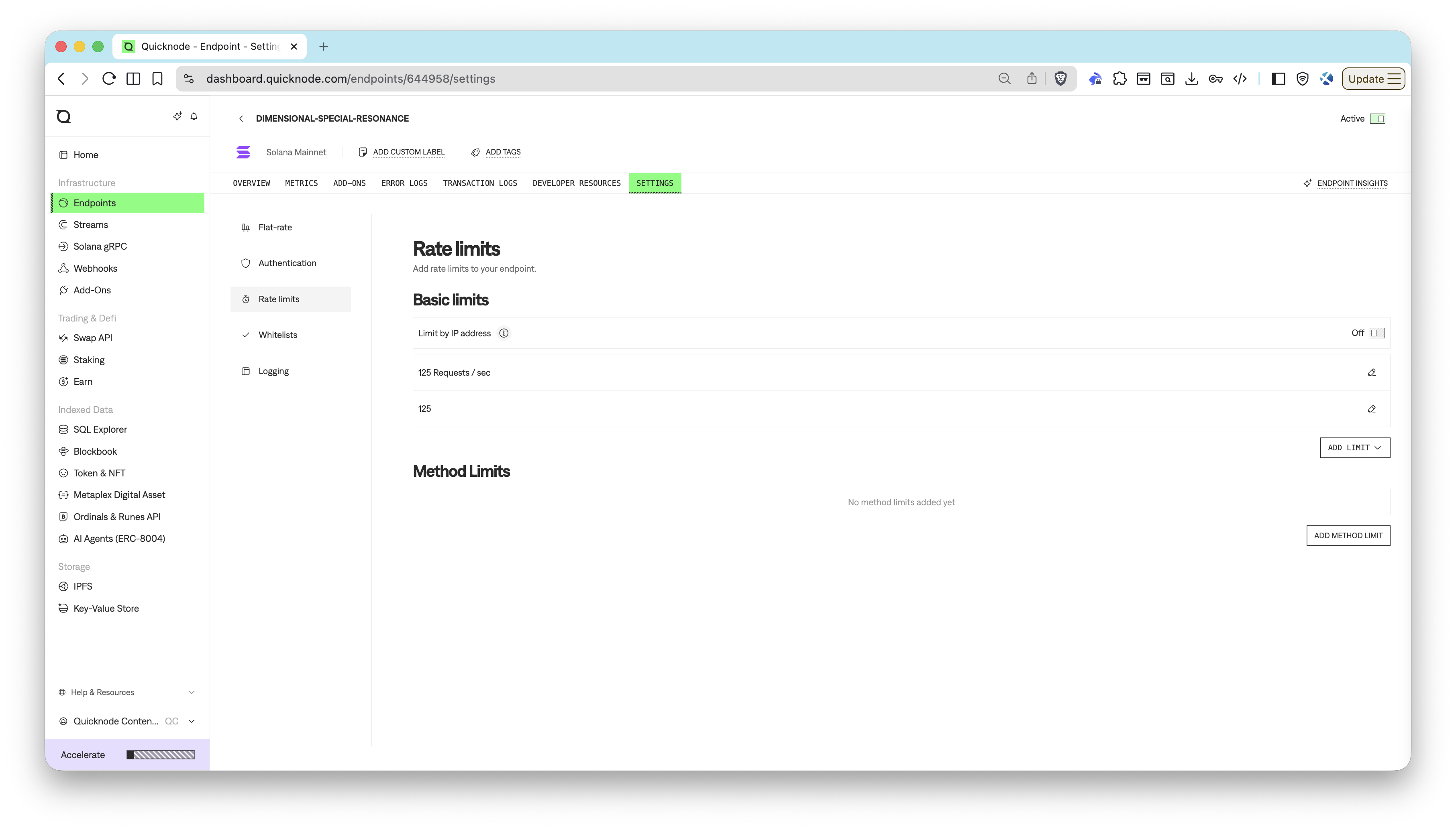 Quicknode endpoint Settings tab