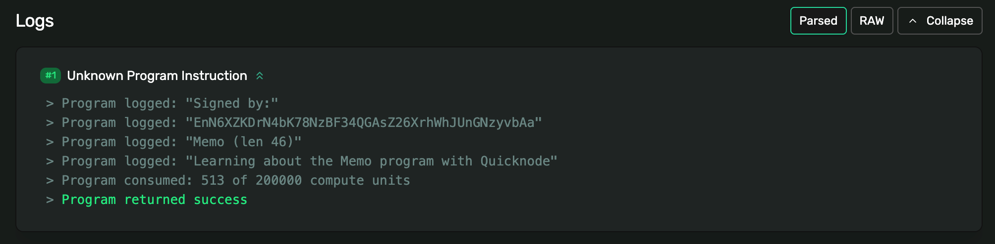 Solana explorer with Memo text