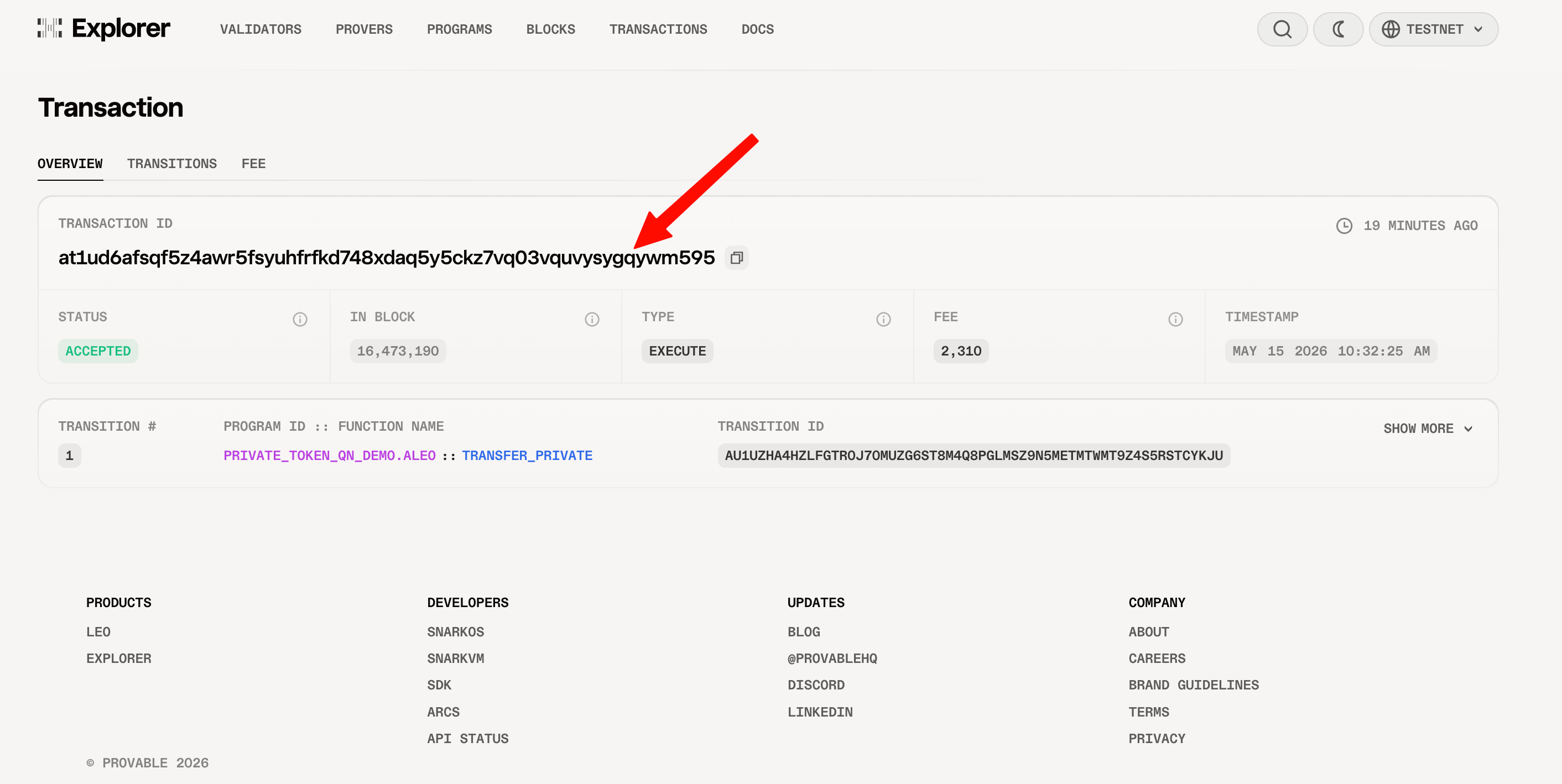 Aleo Explorer overview tab showing the transaction ID