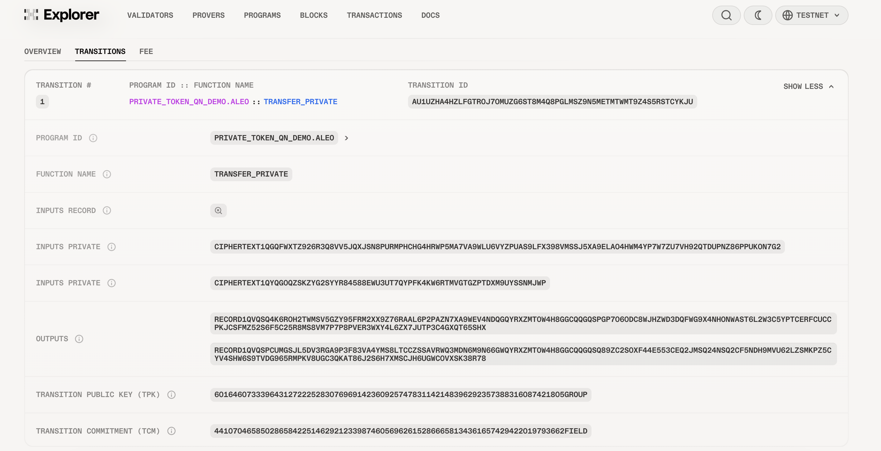 Aleo Explorer transaction tab showing encrypted inputs and outputs