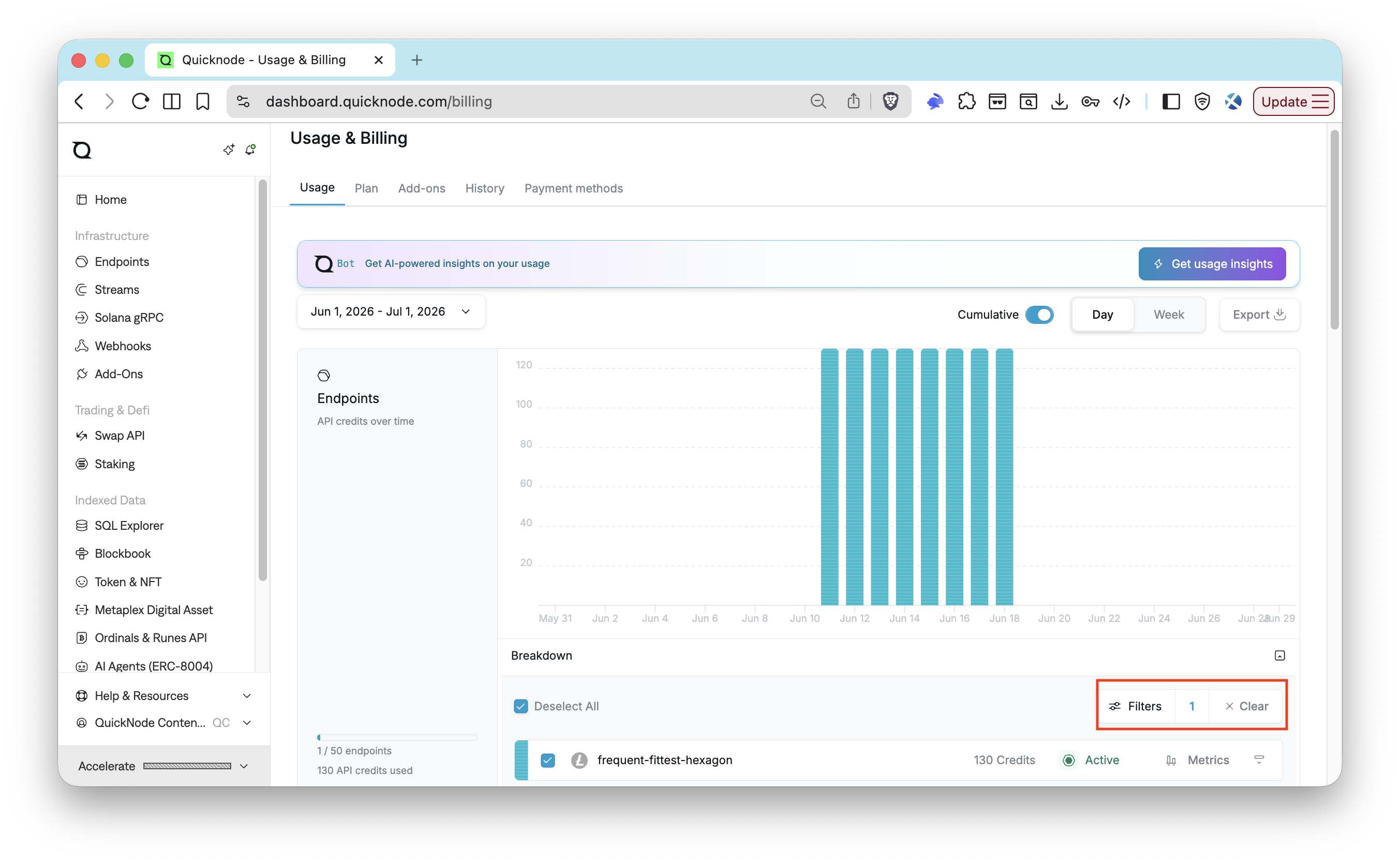 Quicknode Dashboard - Filters on Usage