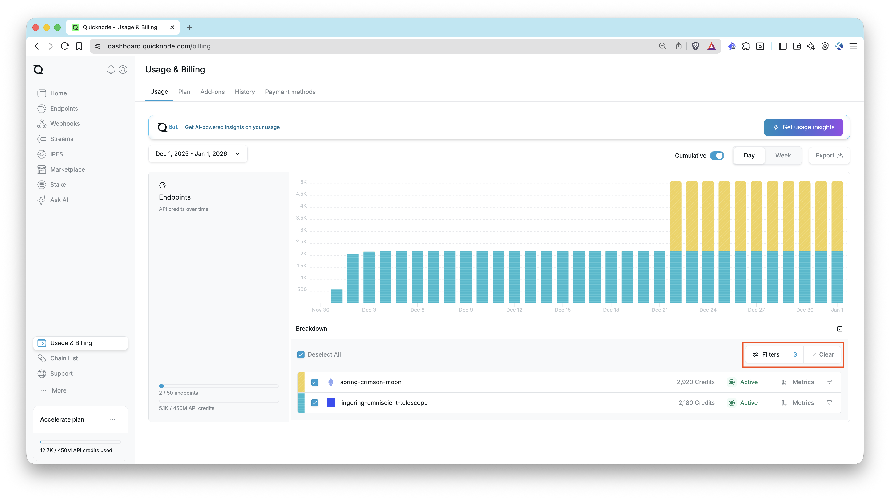 Quicknode Dashboard - Filters on Usage