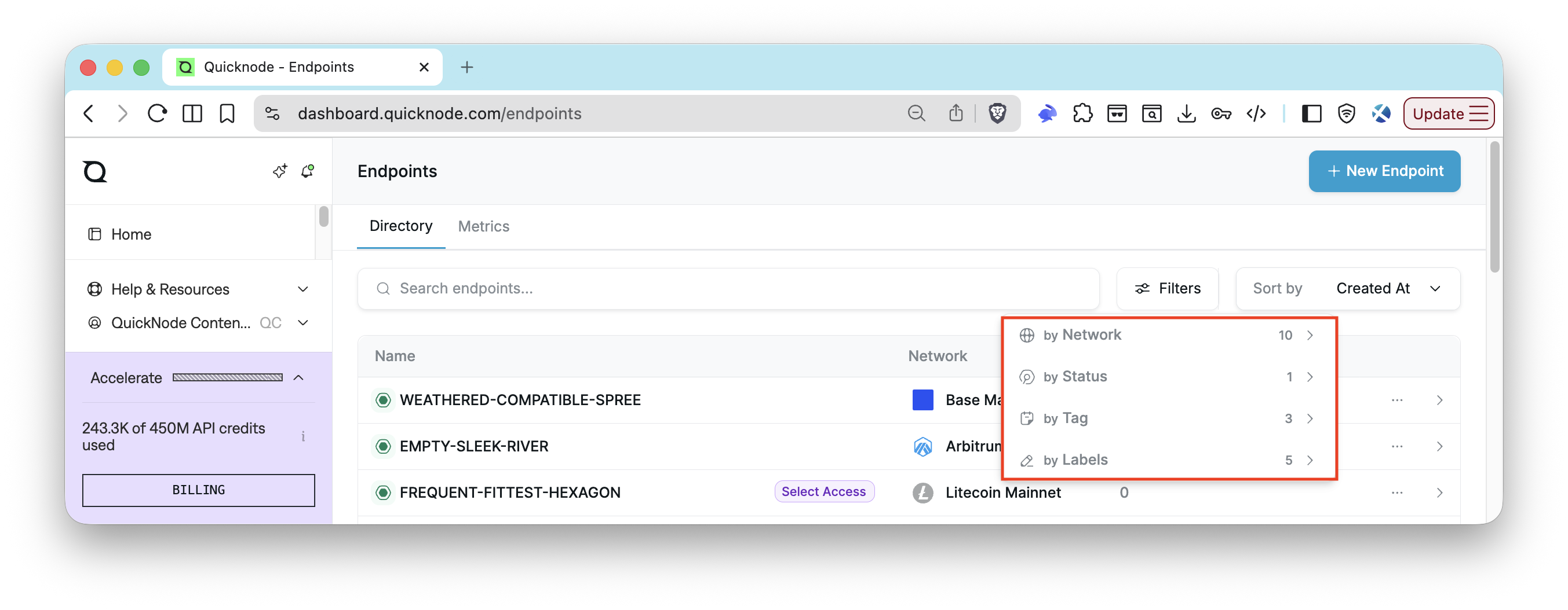 Quicknode Dashboard - Filters