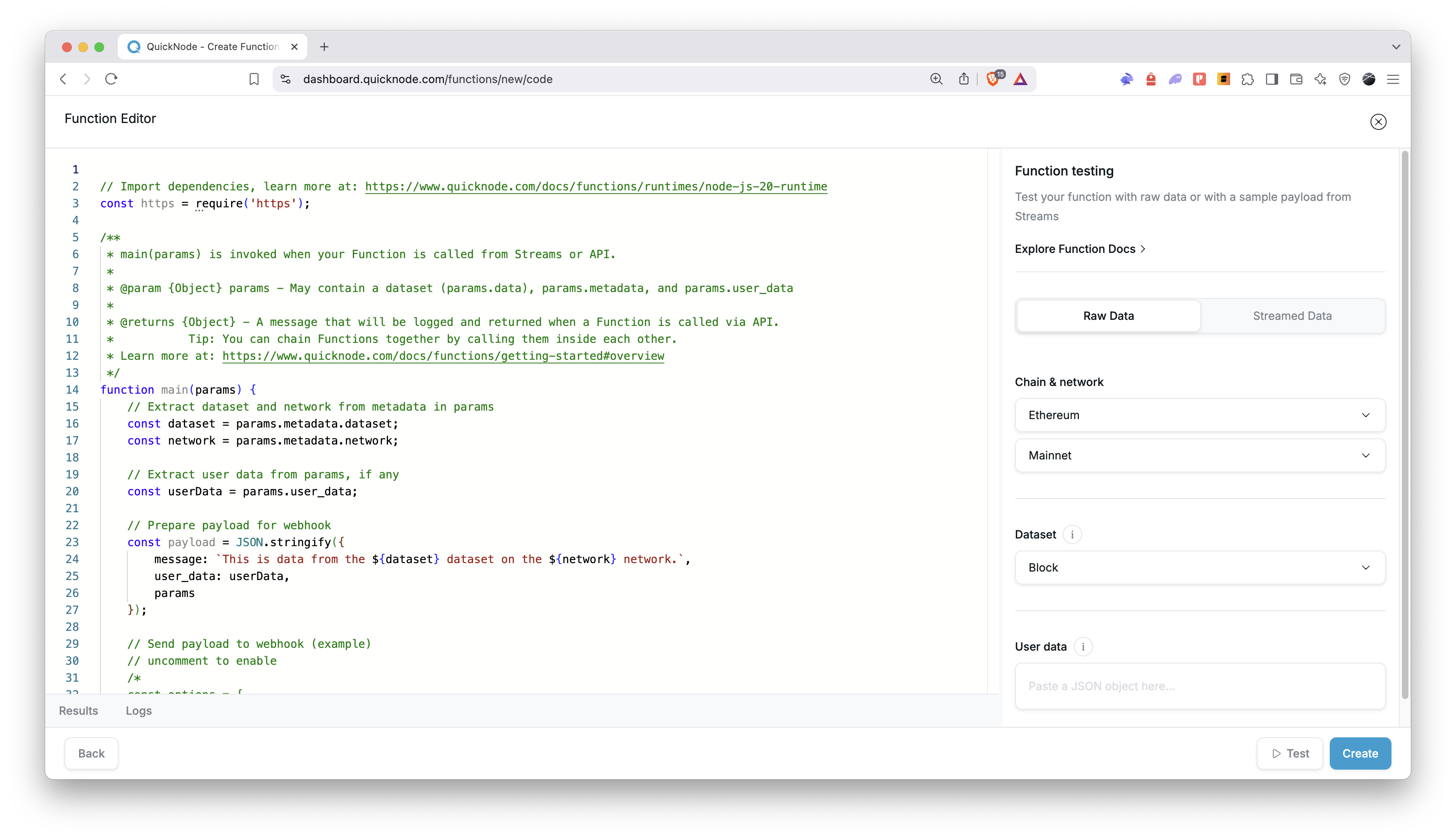 QuickNode Functions tab