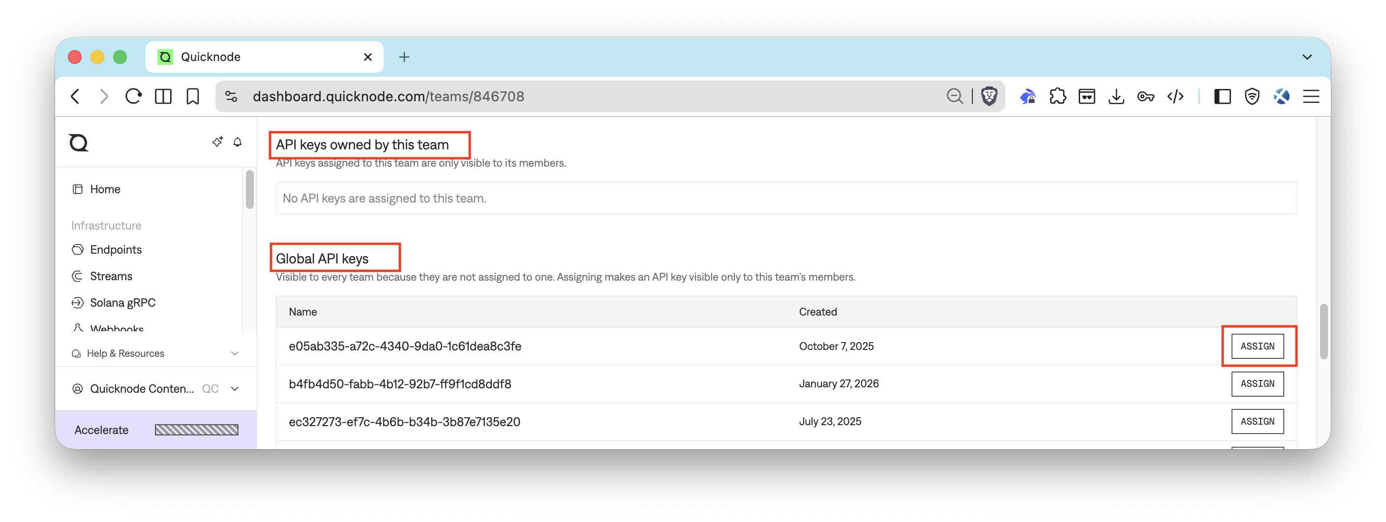 Team page API keys sections