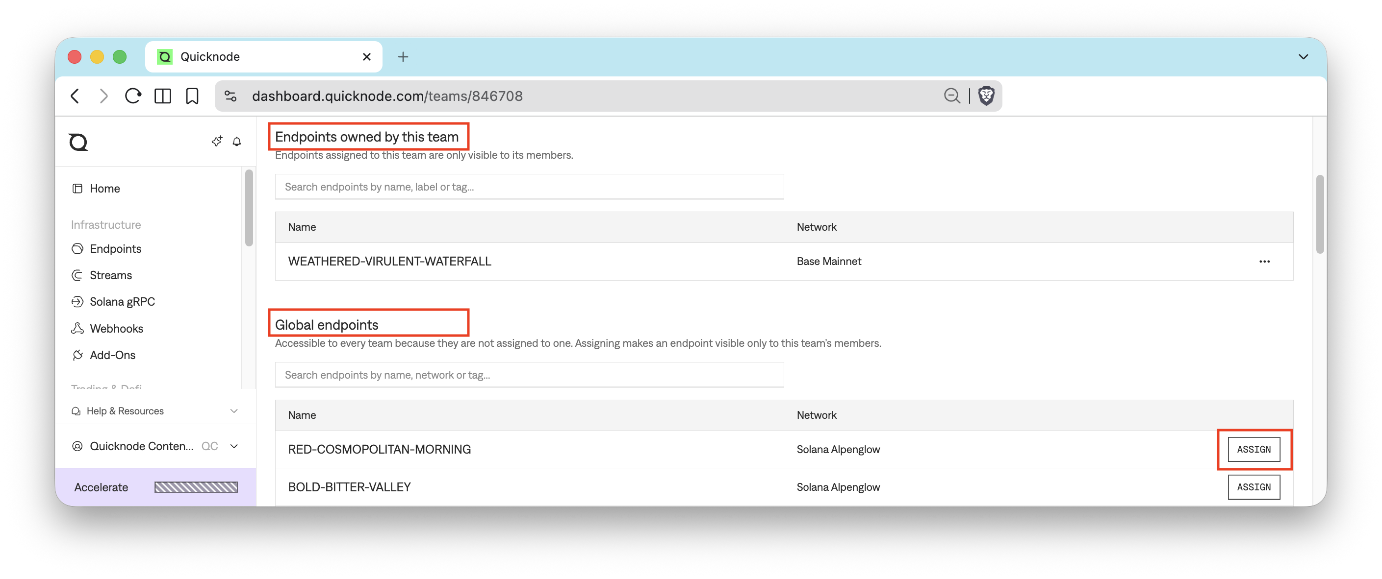 Team page endpoints sections
