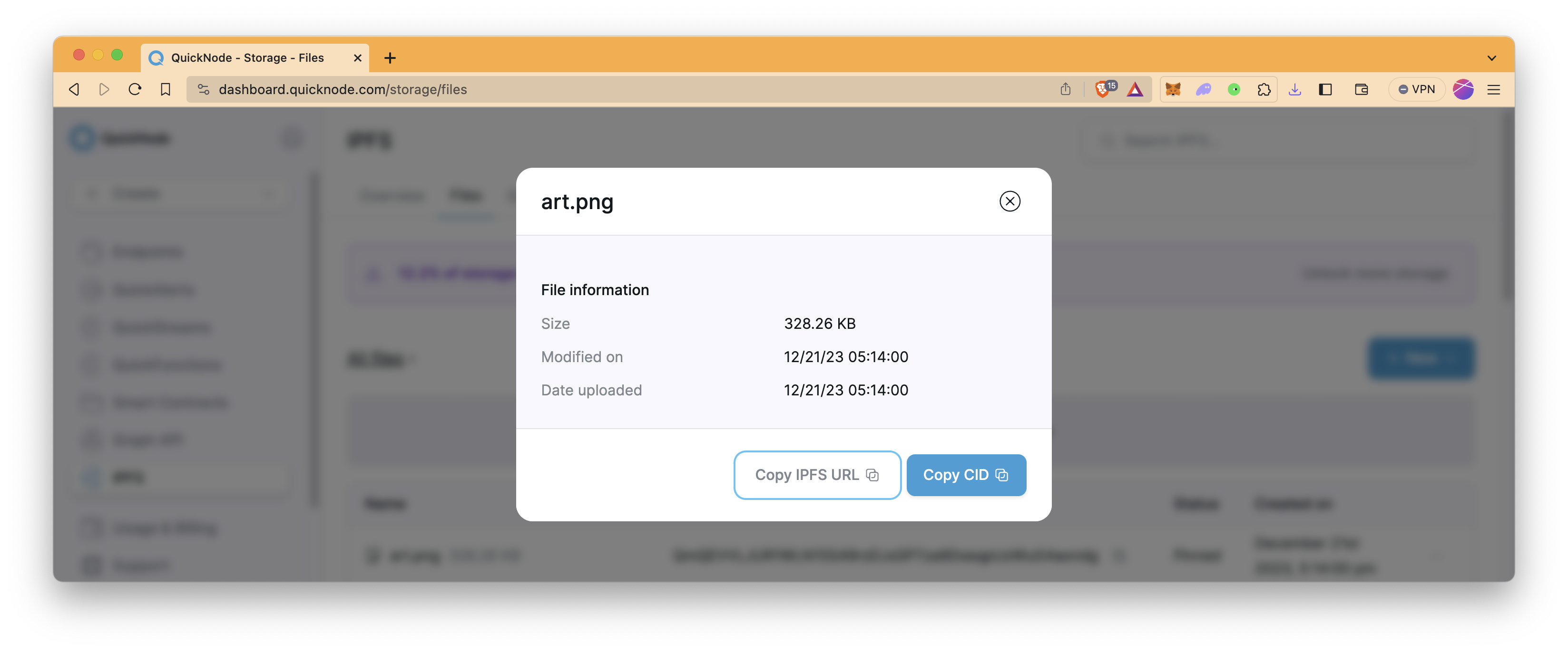 Image on QuickNode IPFS Dashboard