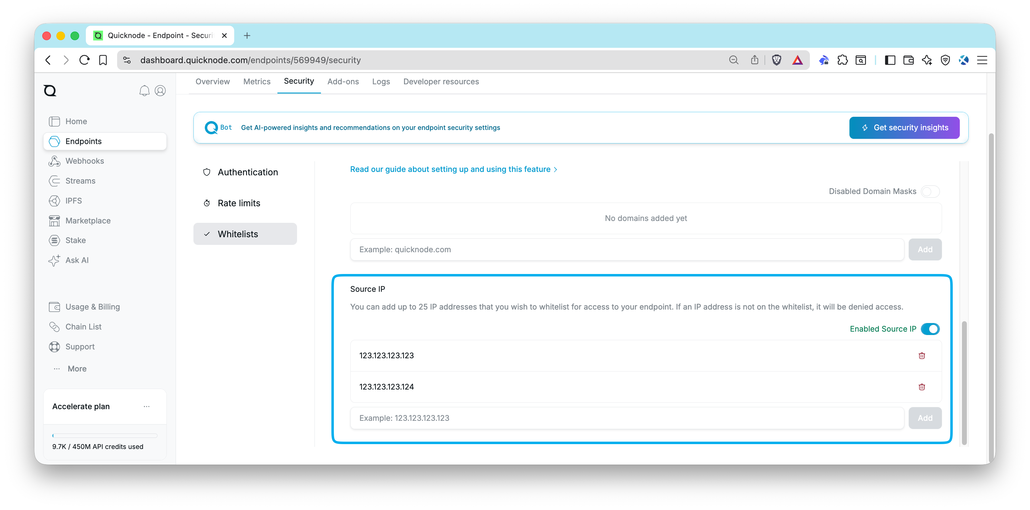 Quicknode Dashboard - IP Whitelisting