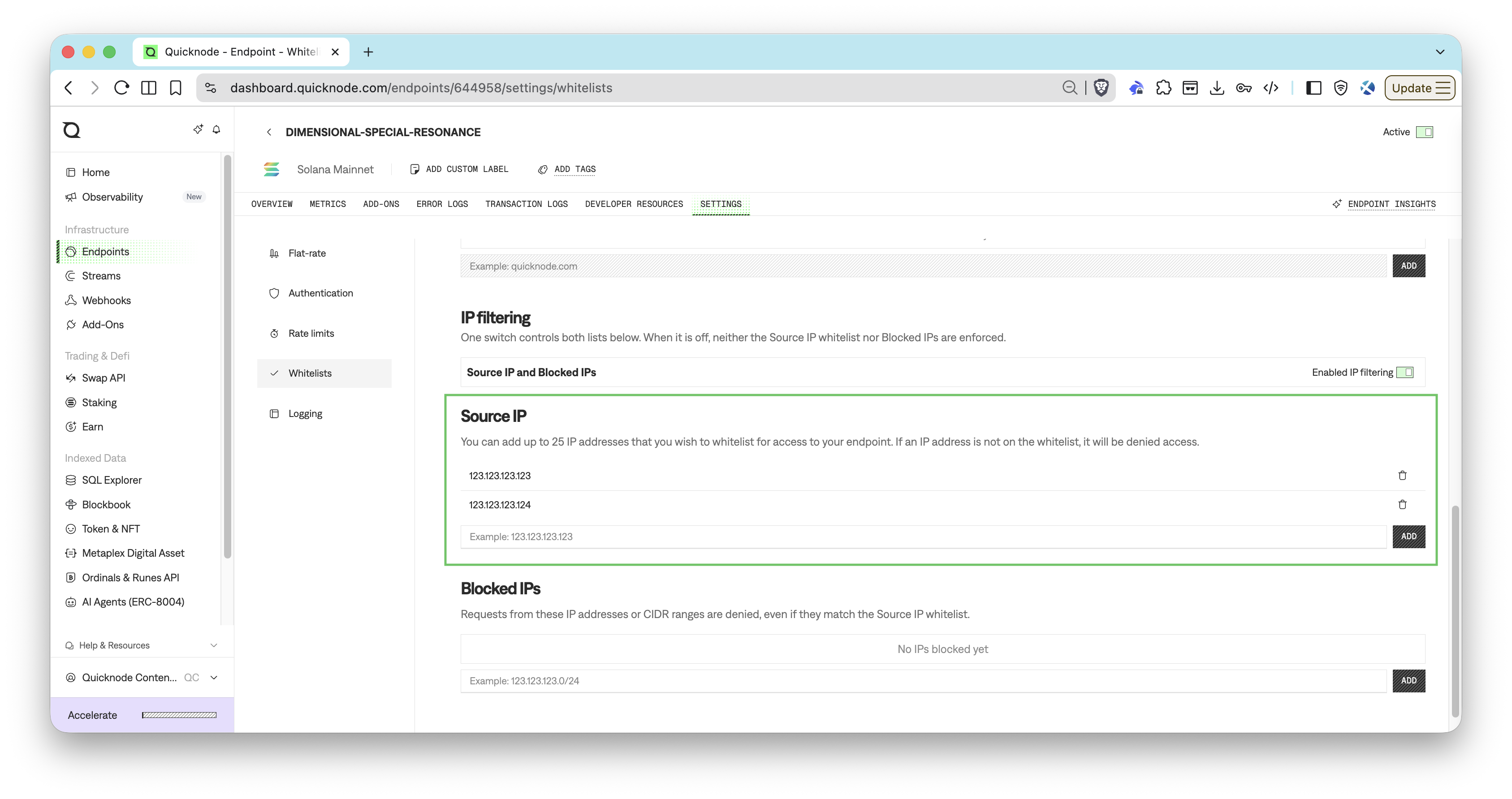 Quicknode Dashboard - IP Whitelisting