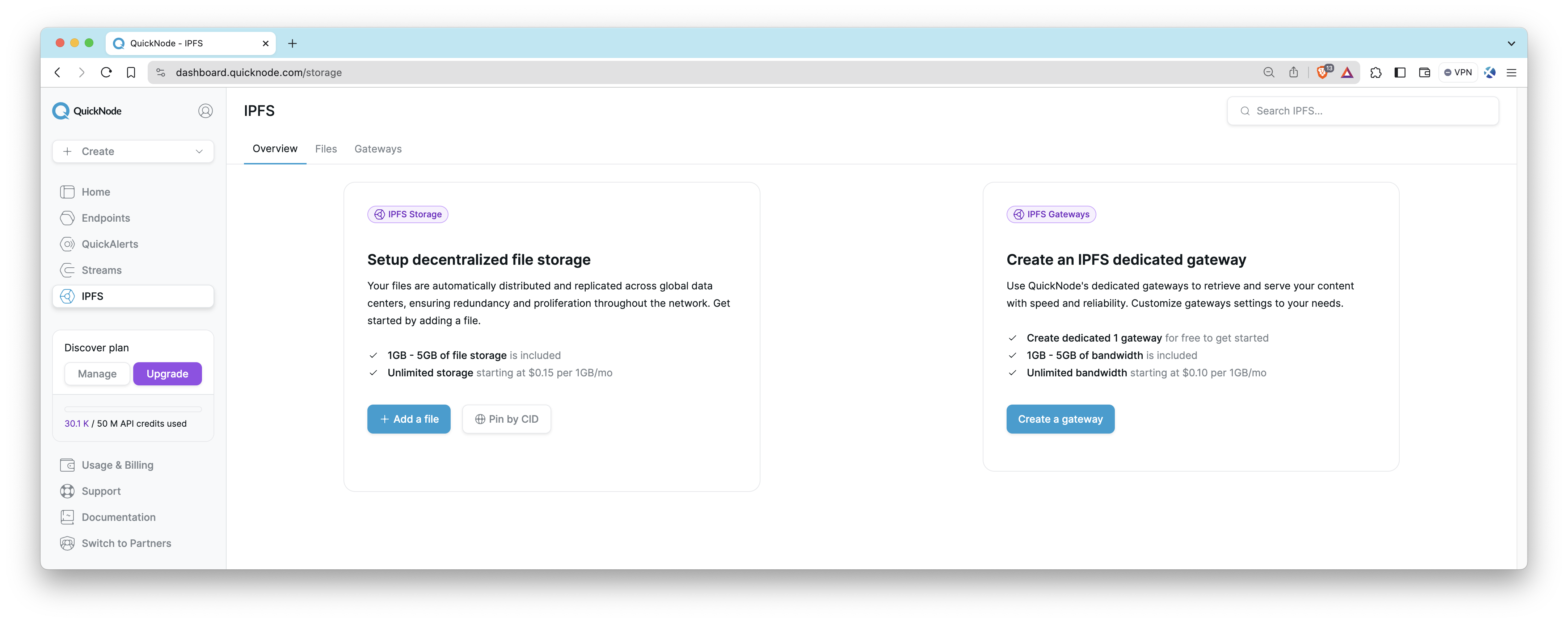 QuickNode IPFS dashboard