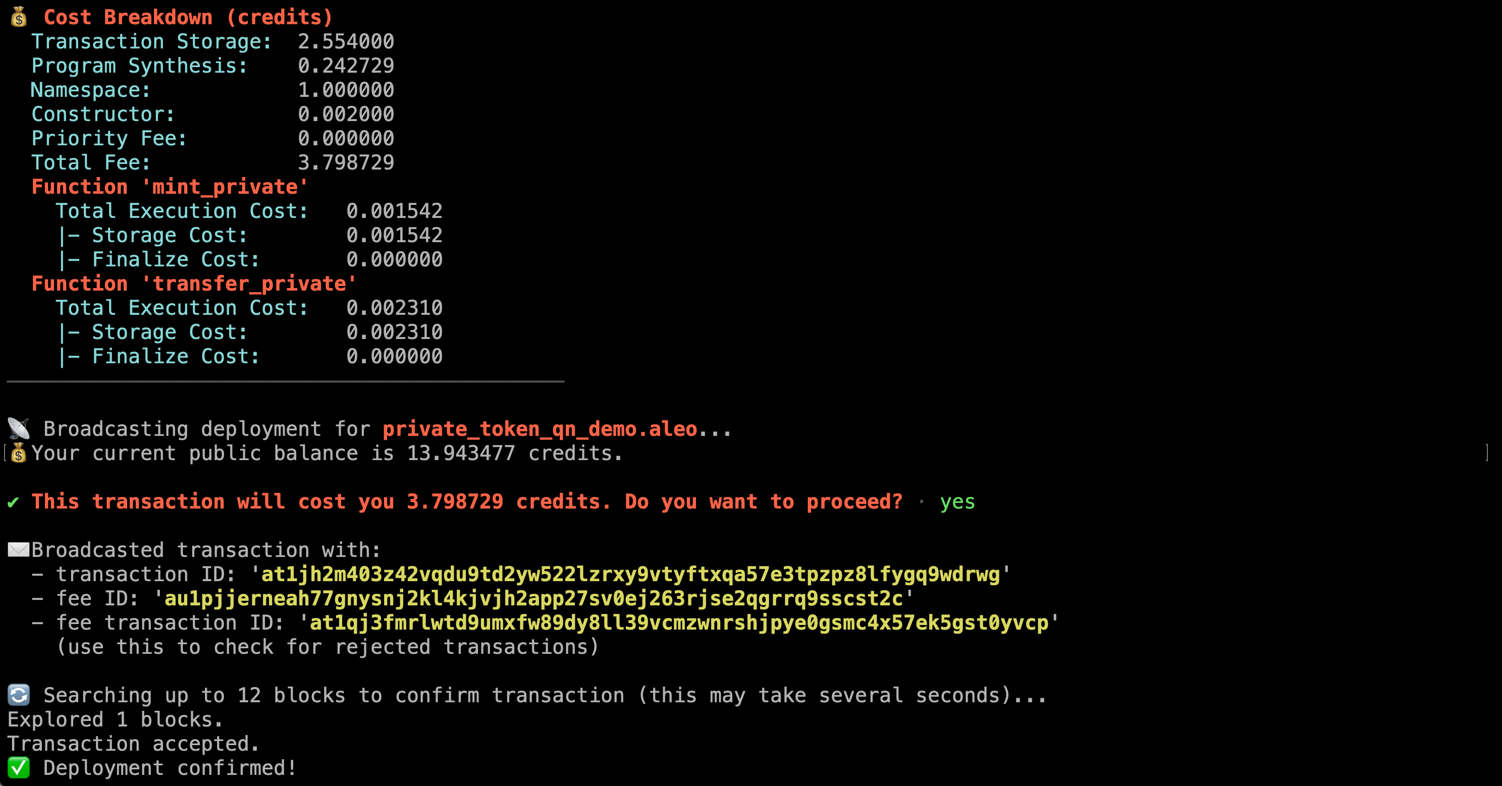 Leo deploy output showing fee breakdown and confirmation