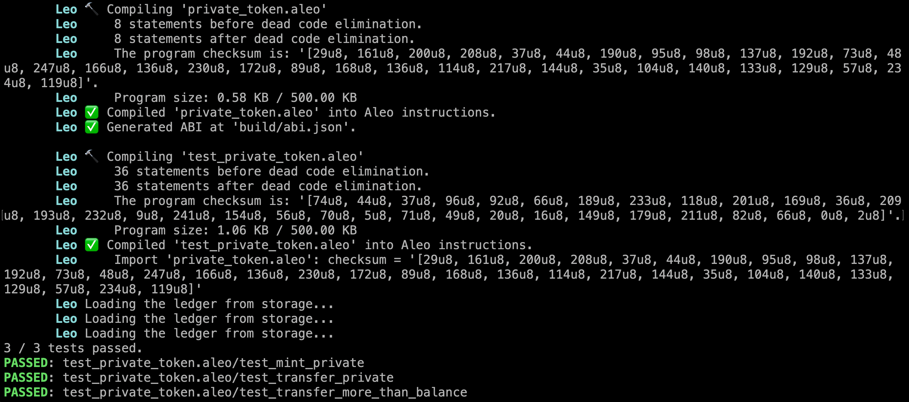Leo test output showing 3 passing tests