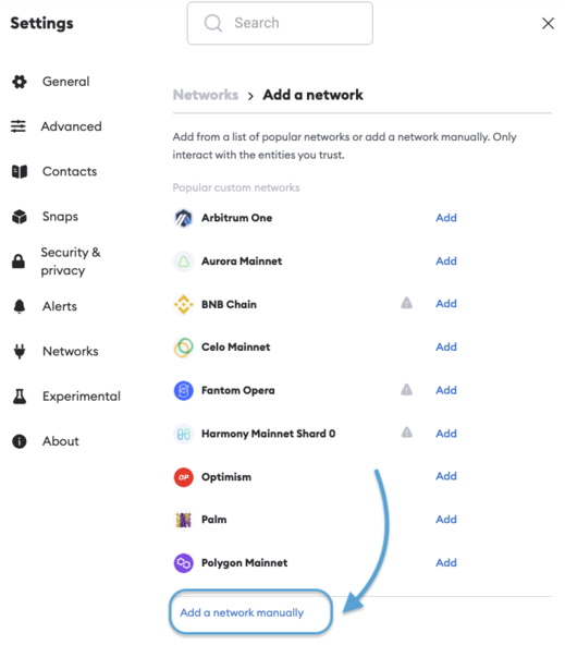 MetaMask Add Network Manually Page