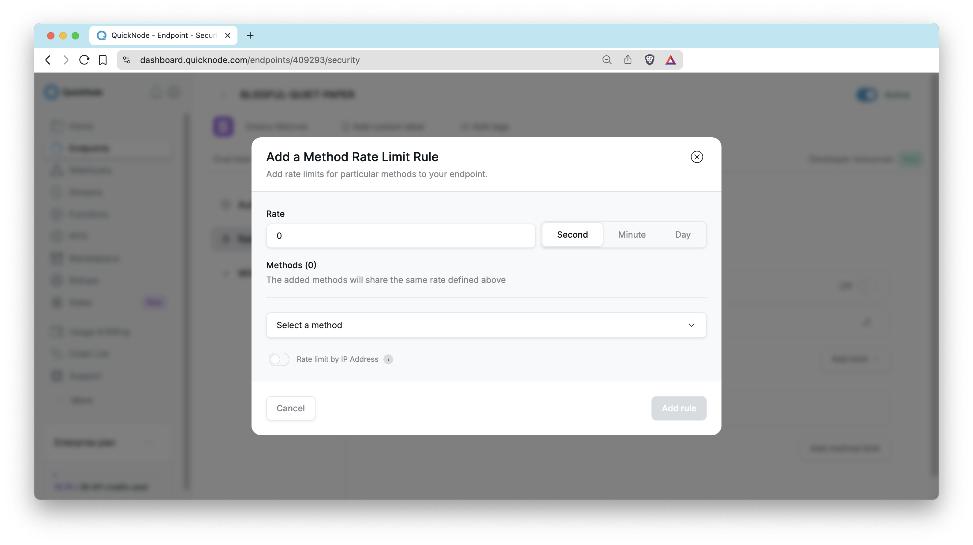 QuickNode Dashboard - Method Rate Limiting