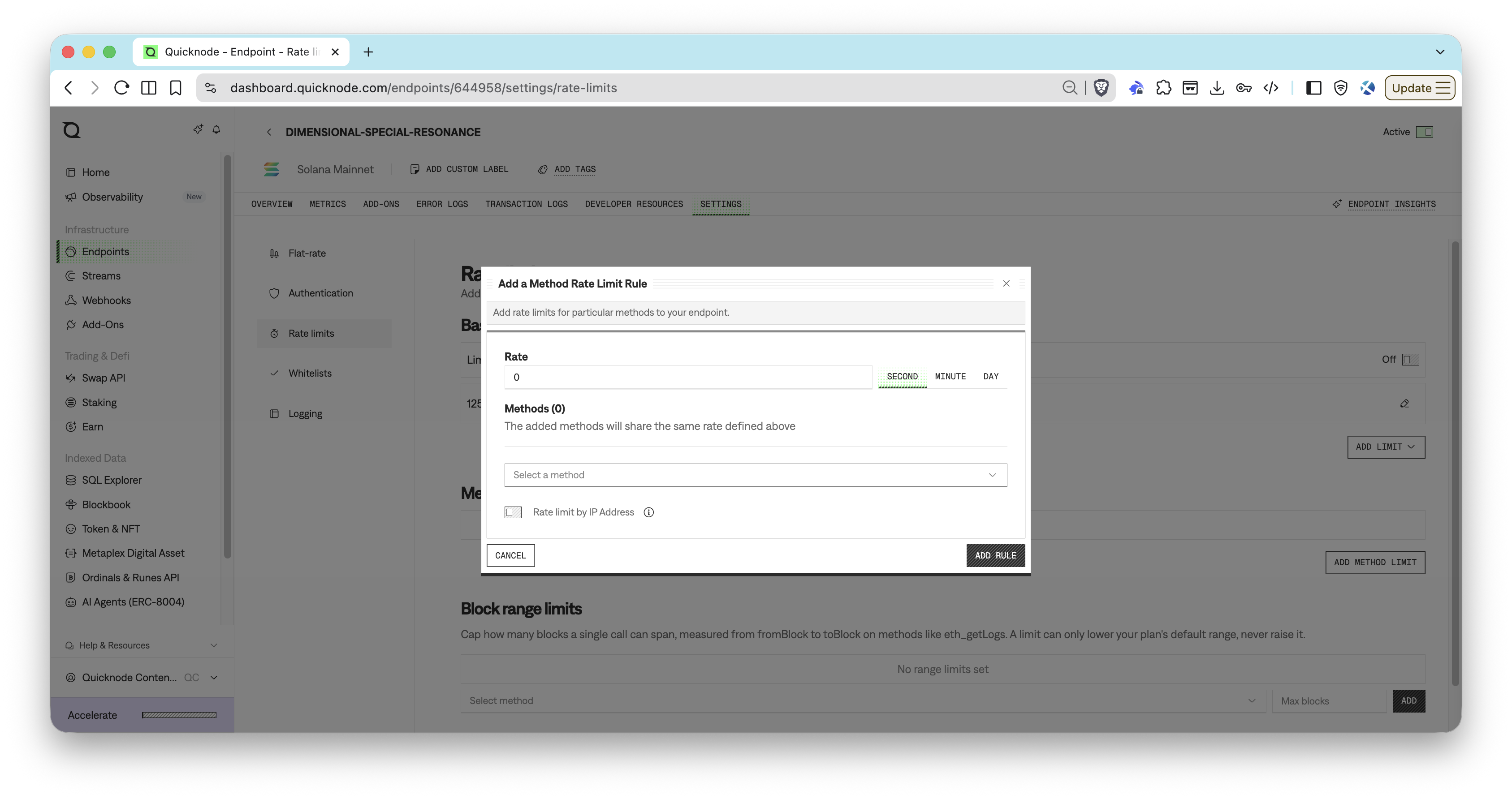 Quicknode Dashboard - Method Rate Limiting