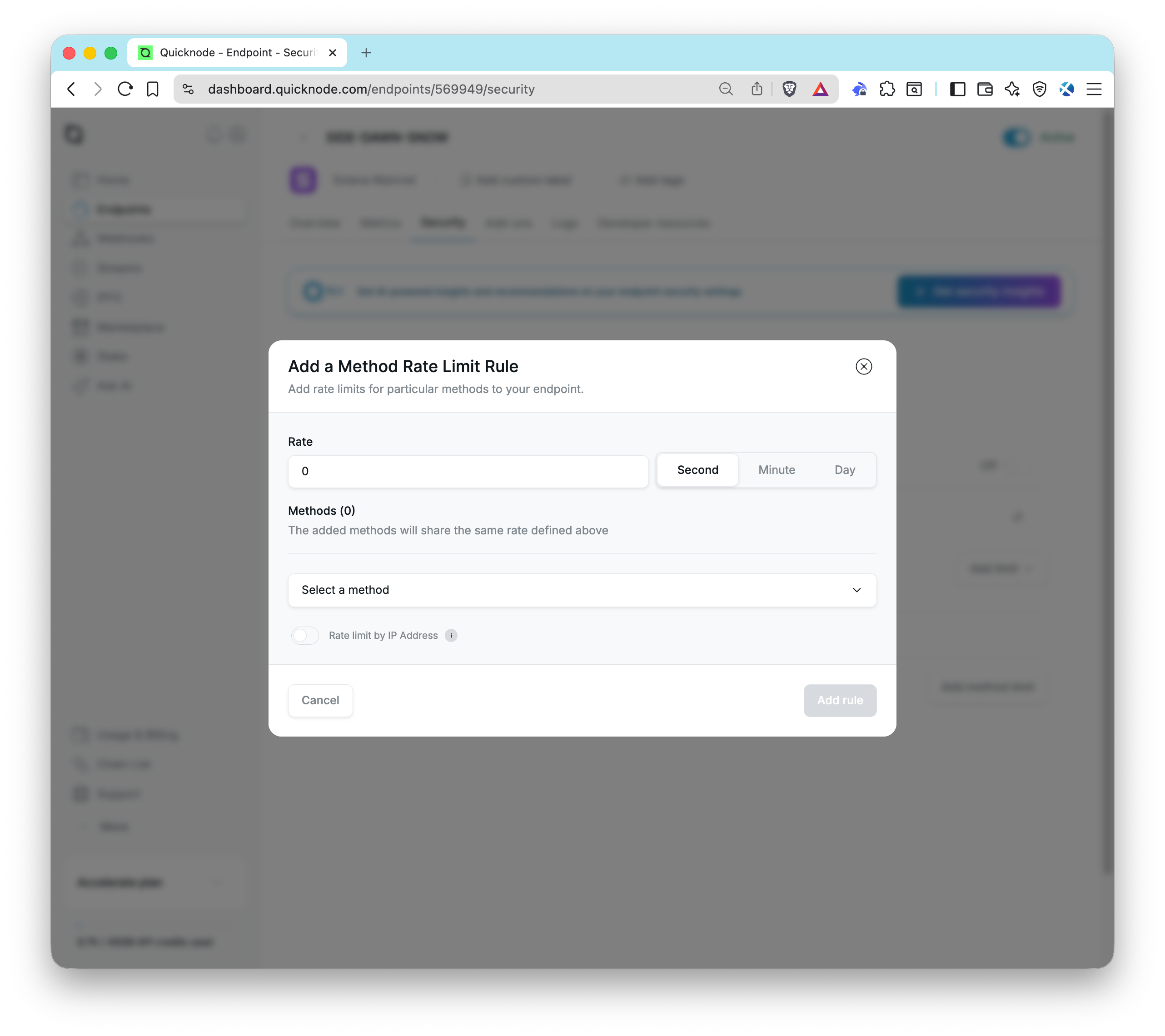 Quicknode Dashboard - Method Rate Limiting