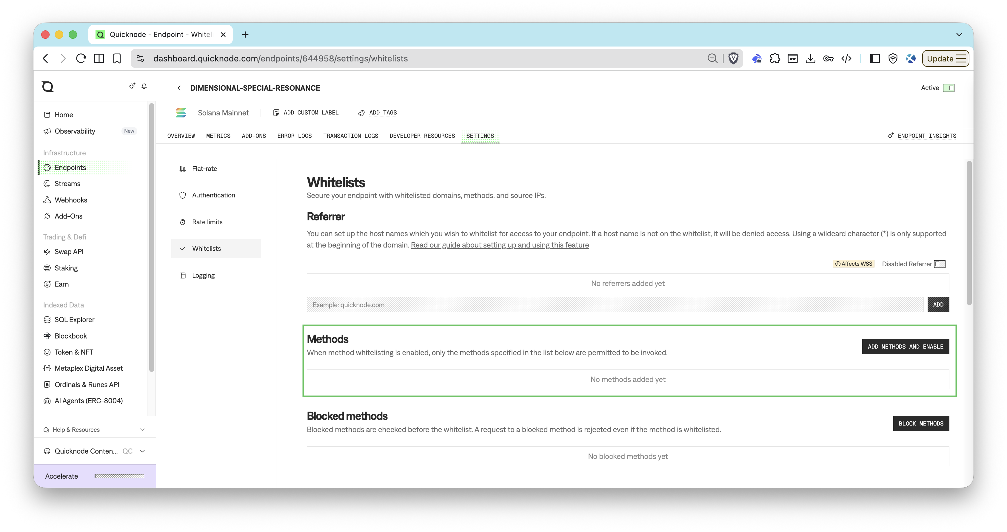 Quicknode Dashboard - Method Restrictions