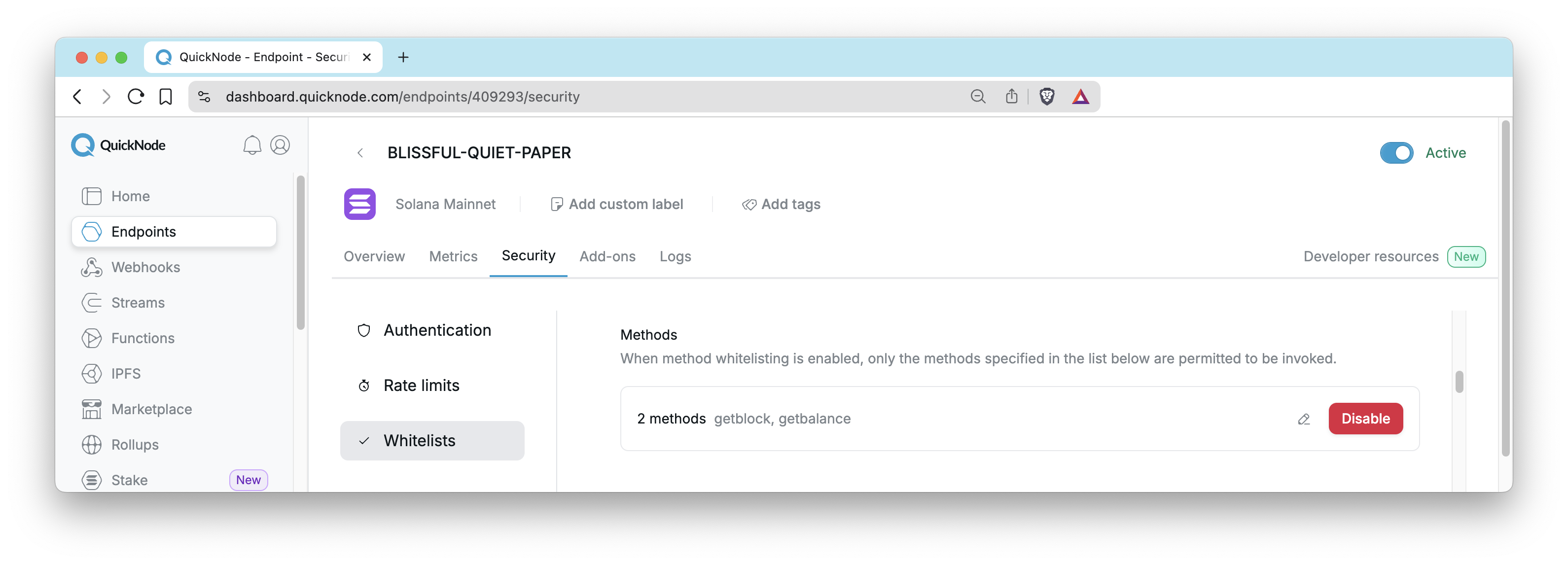 QuickNode Dashboard - Method Restrictions