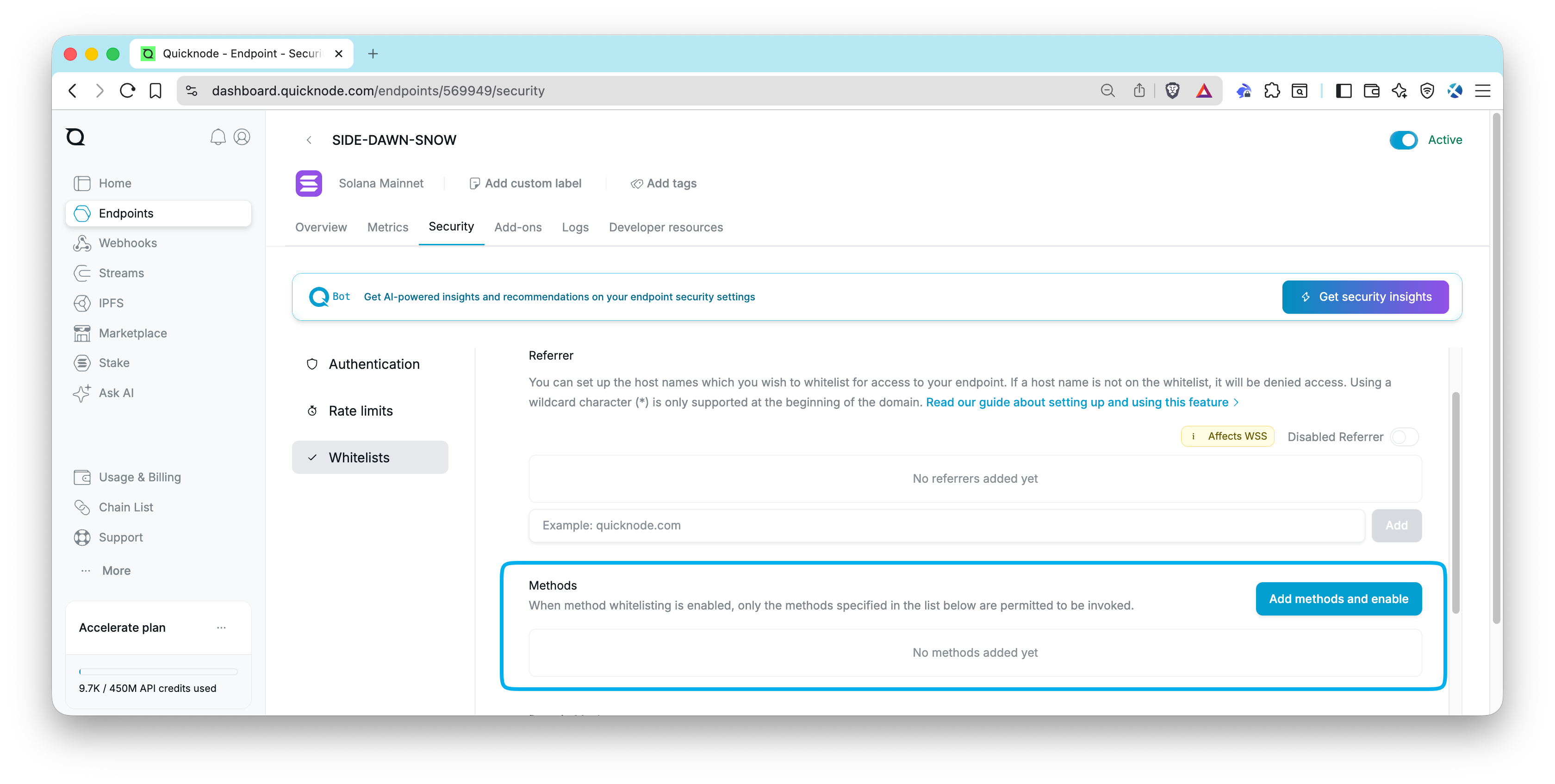 Quicknode Dashboard - Method Restrictions