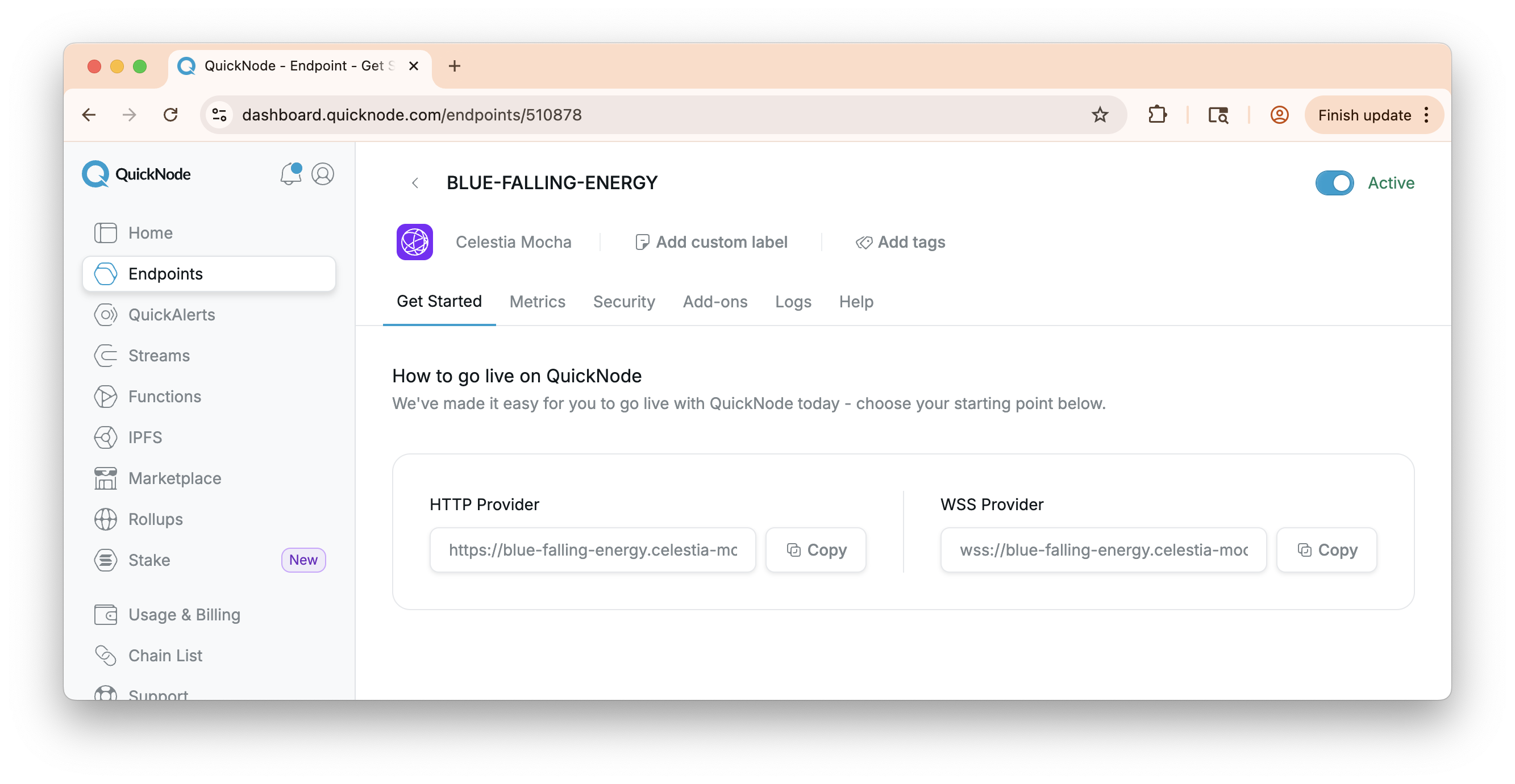 Screenshot of QuickNode Celestia endpoint