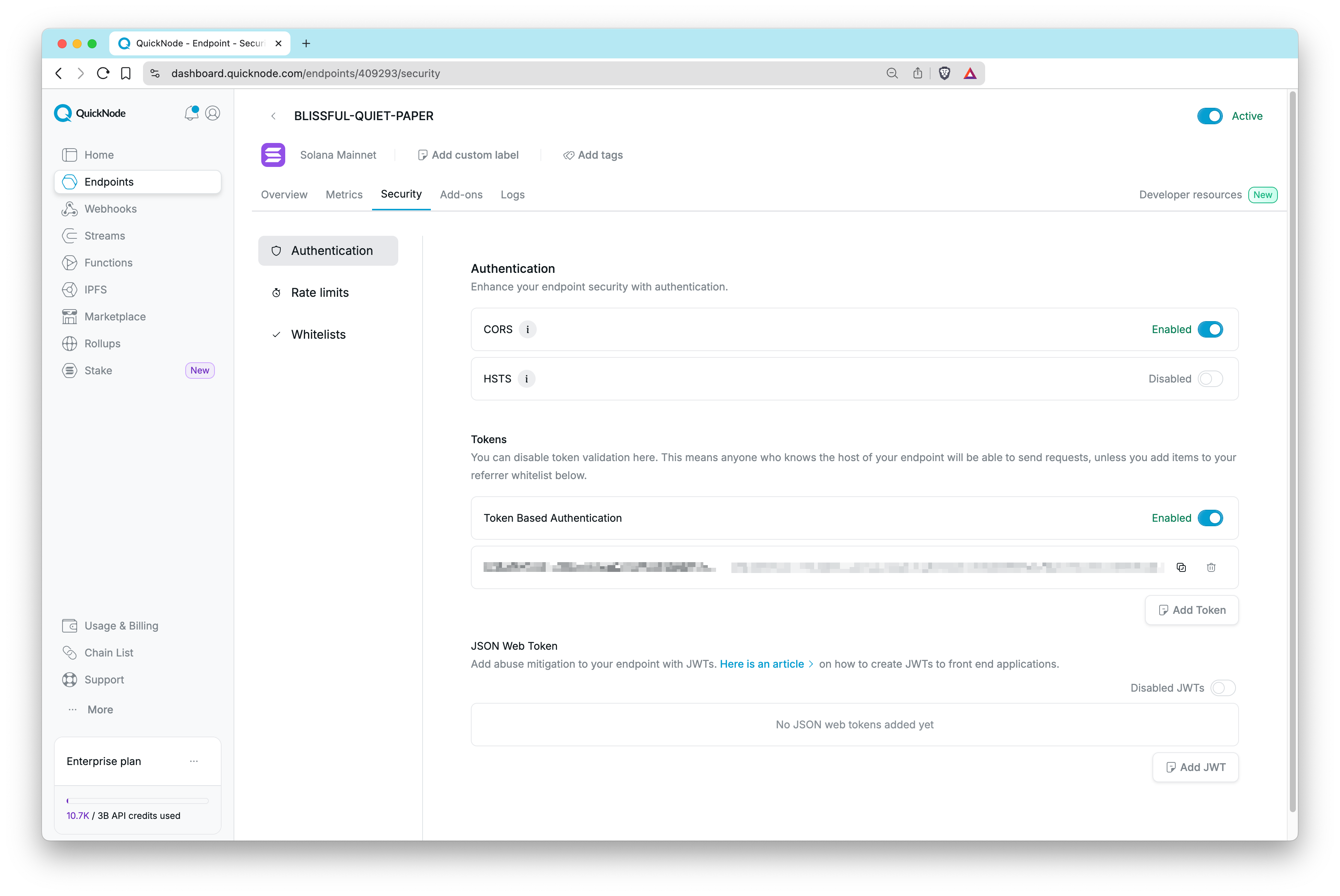 QuickNode Security tab