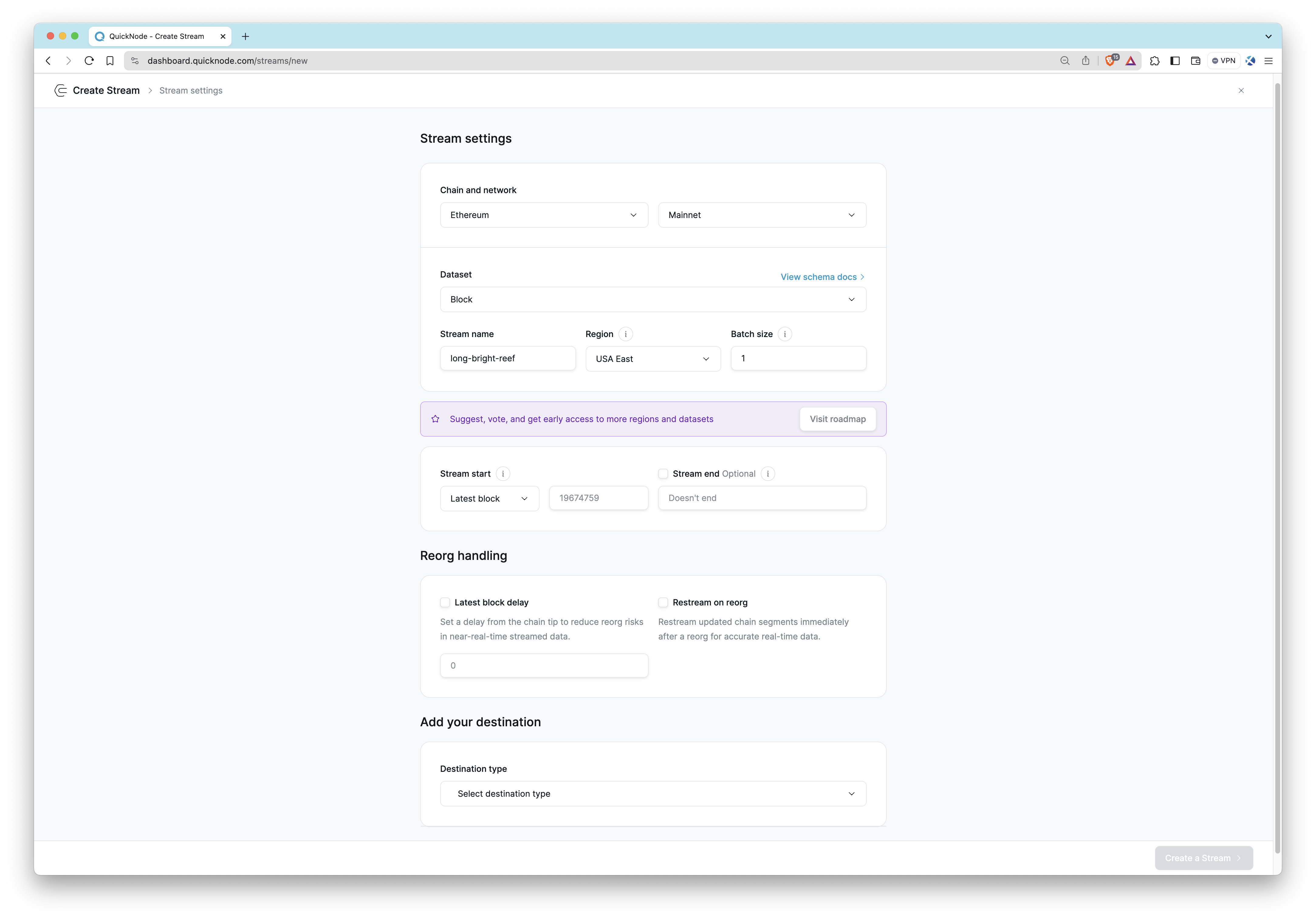 QuickNode Streams dashboard