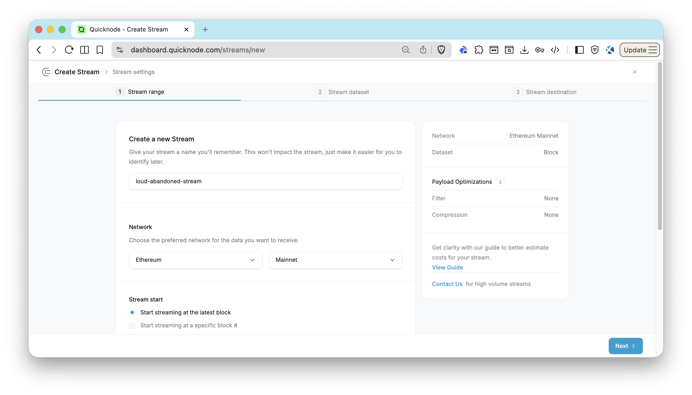 Quicknode Streams dashboard