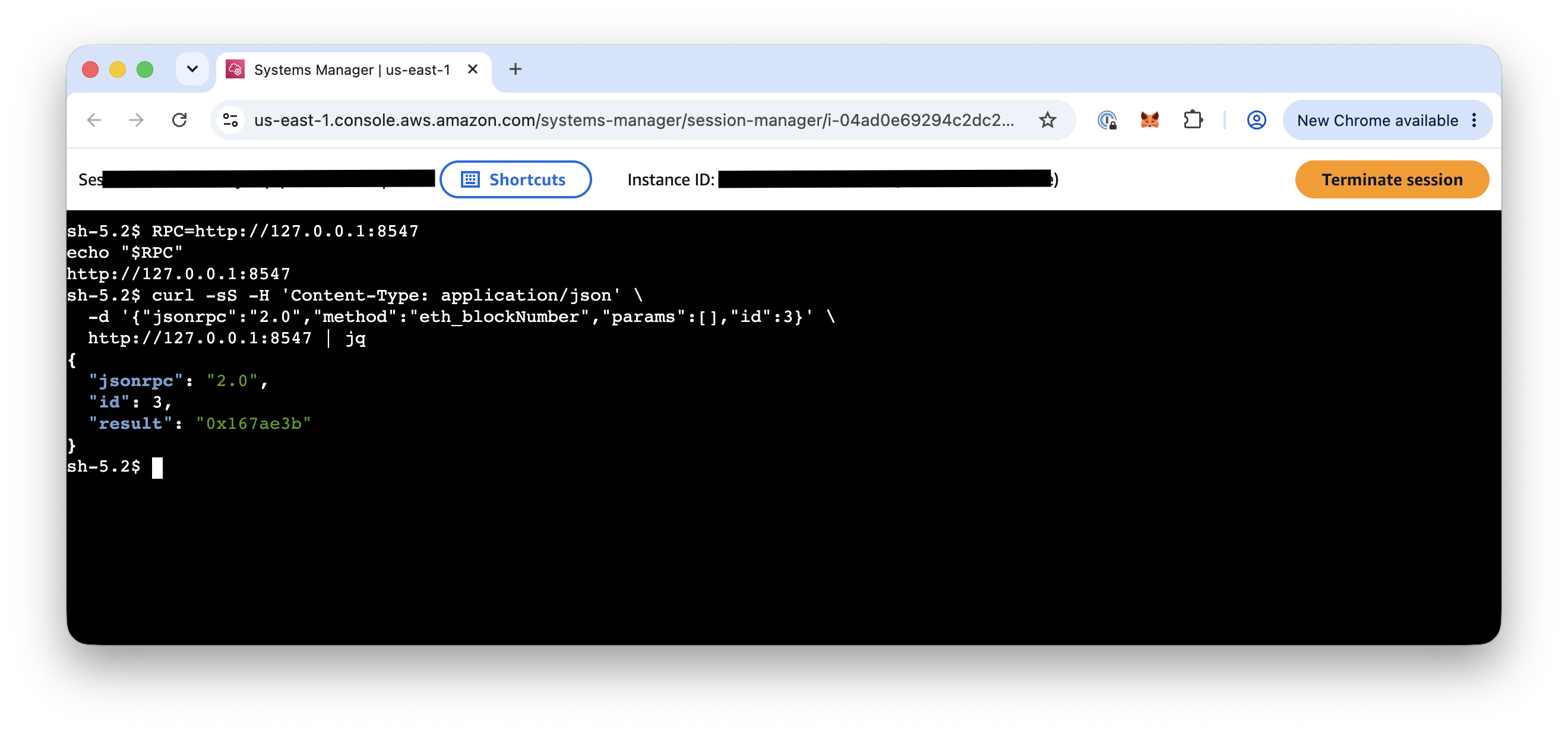 A successful eth_blockNumber request to a synchronized Robinhood Chain node in AWS Systems Manager