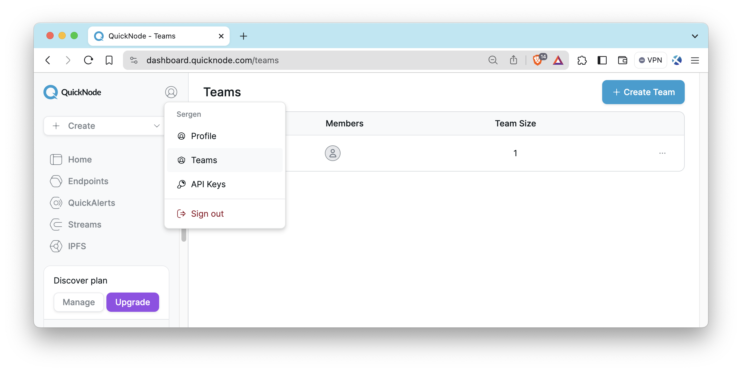 QuickNode Teams tab