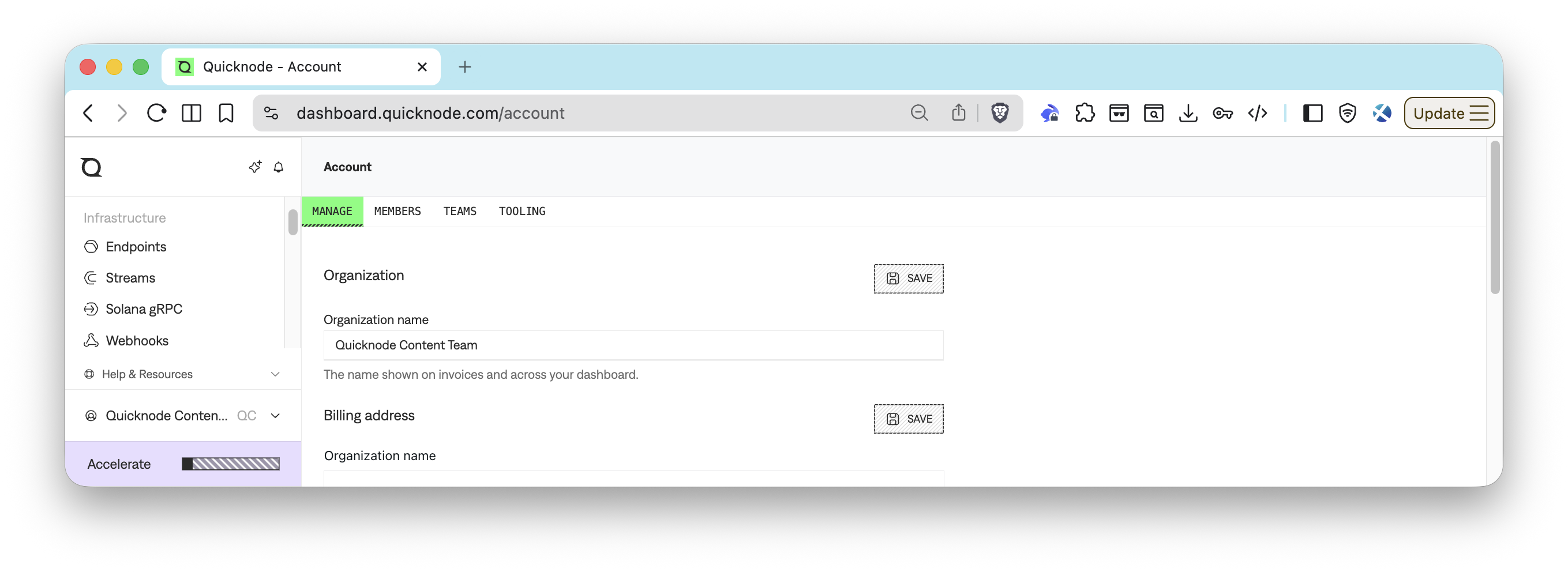 Quicknode Teams tab