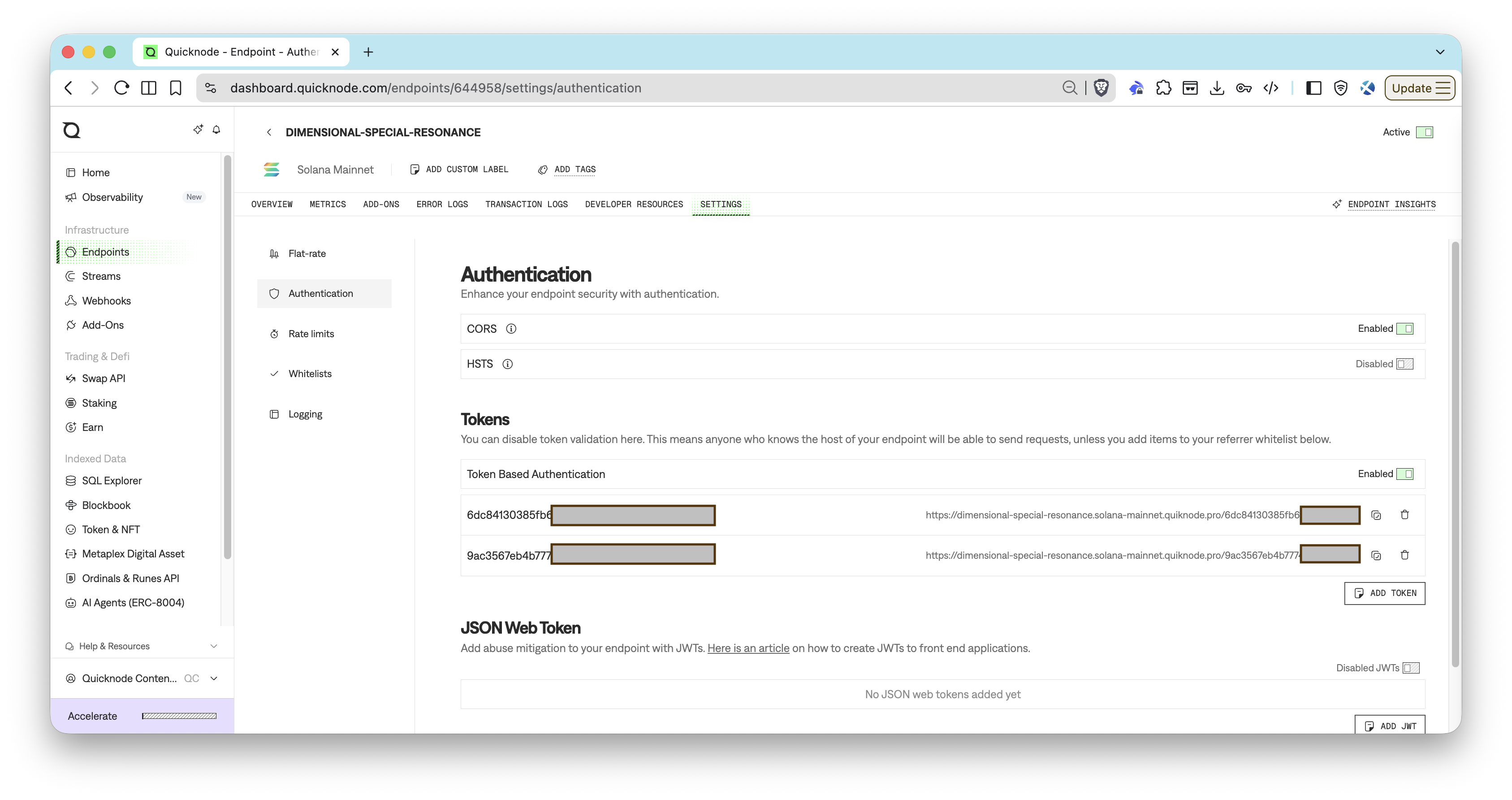 Quicknode Dashboard - Token Based Authentication - Rotate Keys
