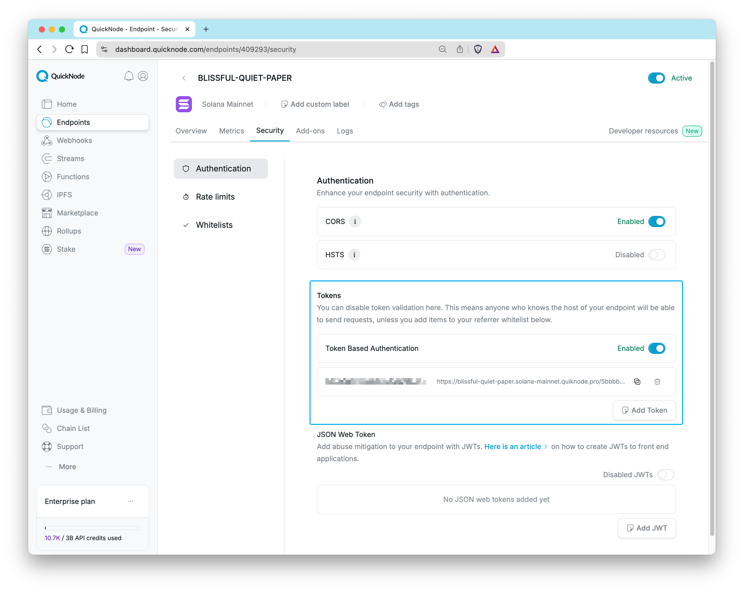 QuickNode Dashboard - Token Based Authentication - Rotate Keys