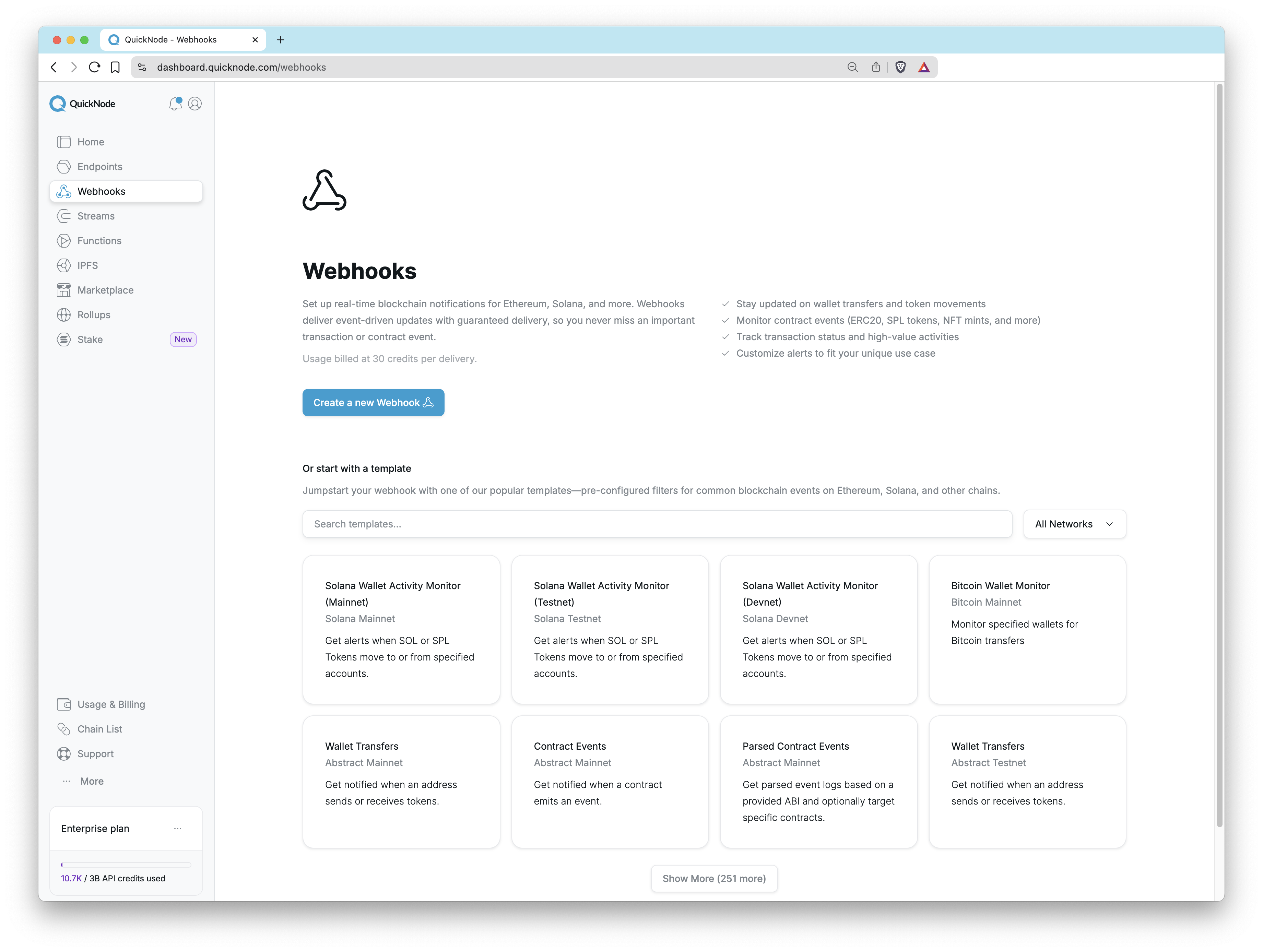 QuickNode Webhooks tab