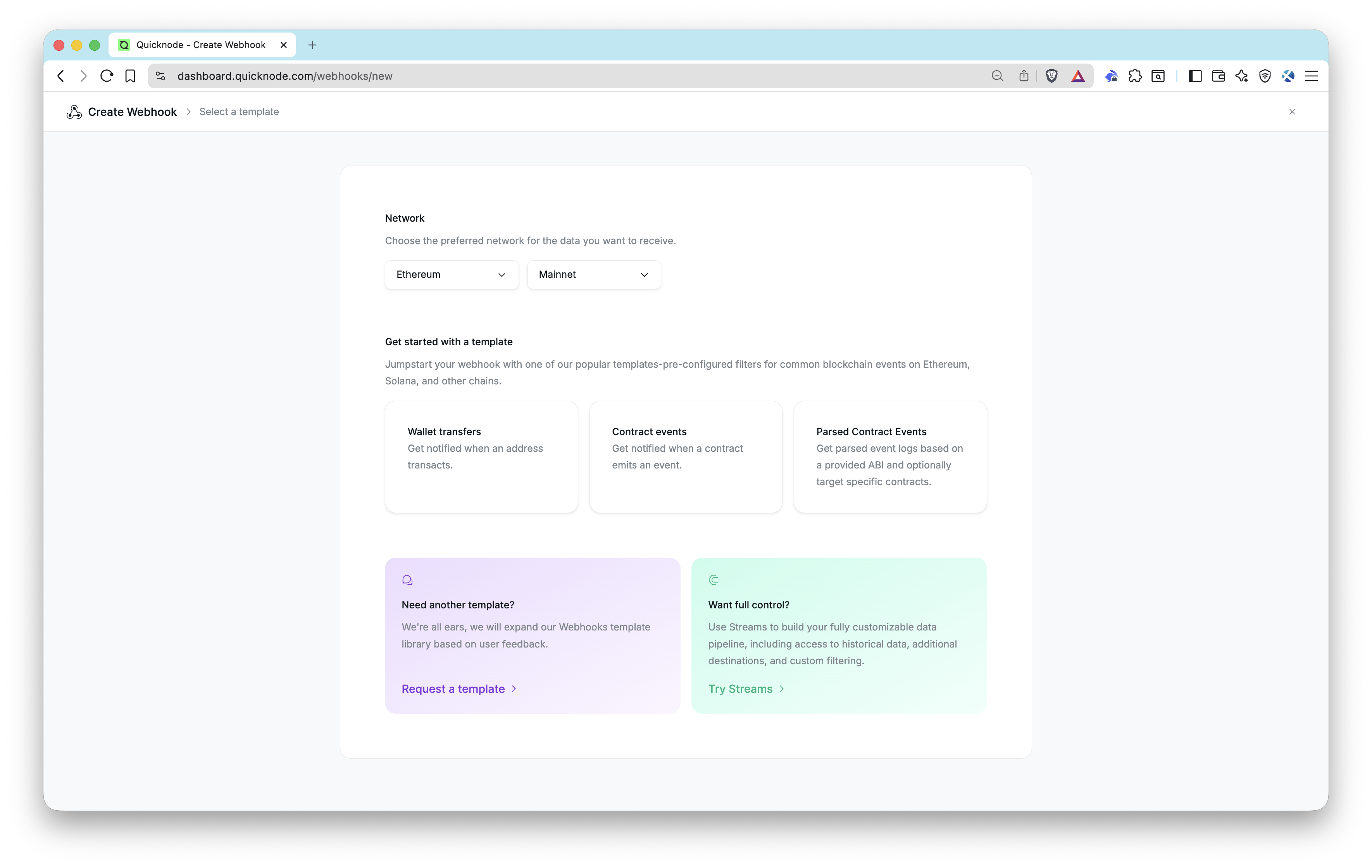 Webhooks Select a Template