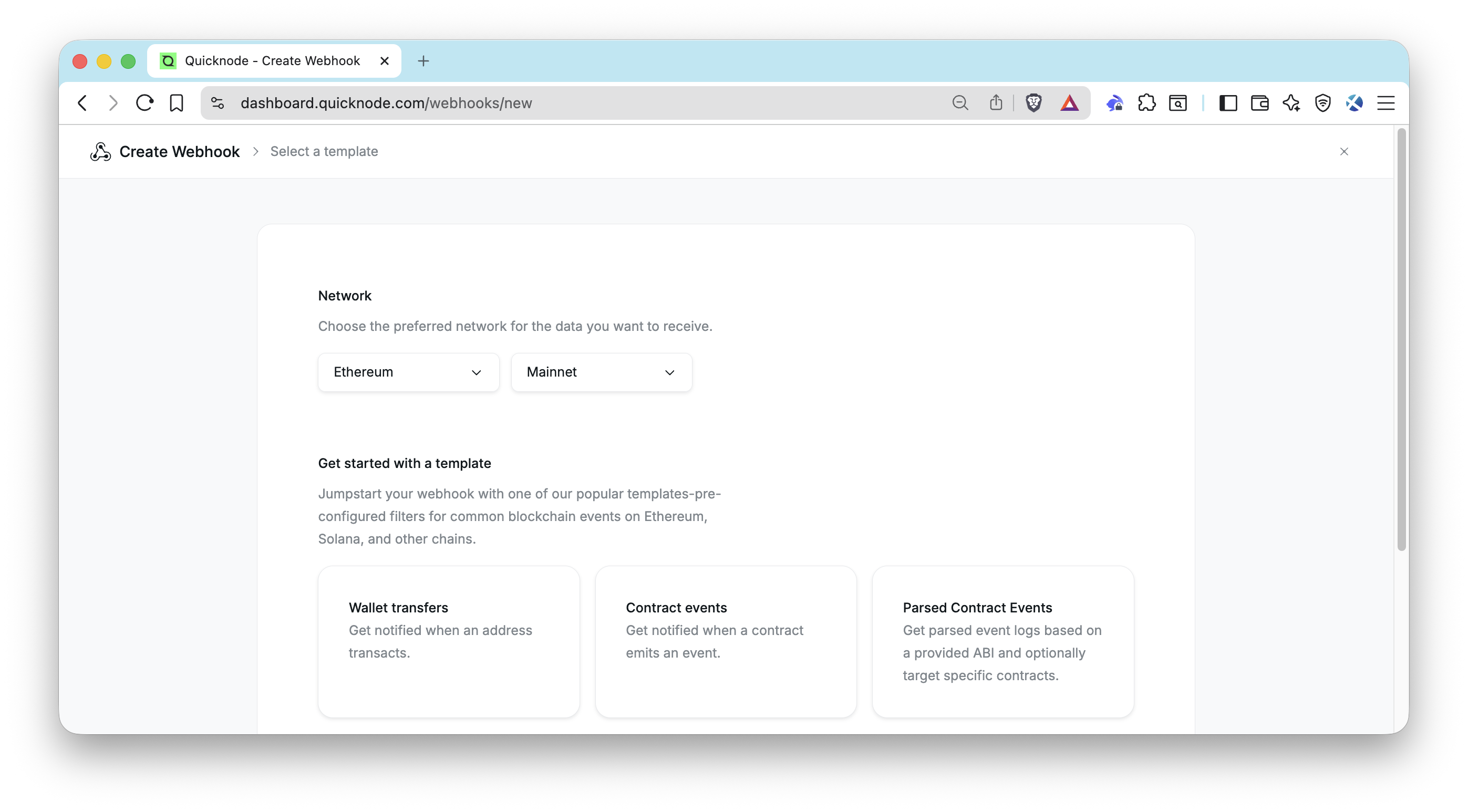 Webhooks Select a Template