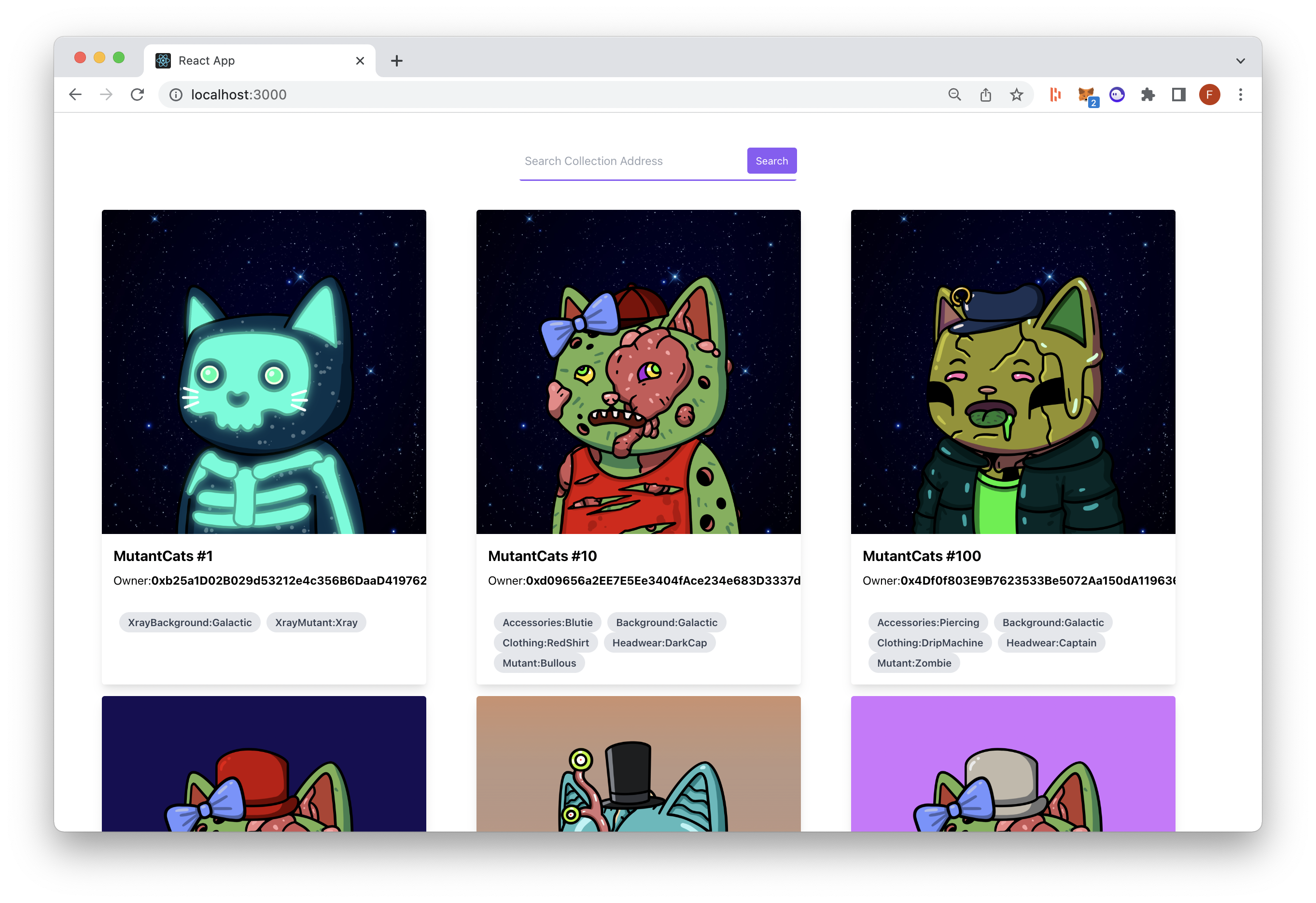 React App displaying the NFT Gallery